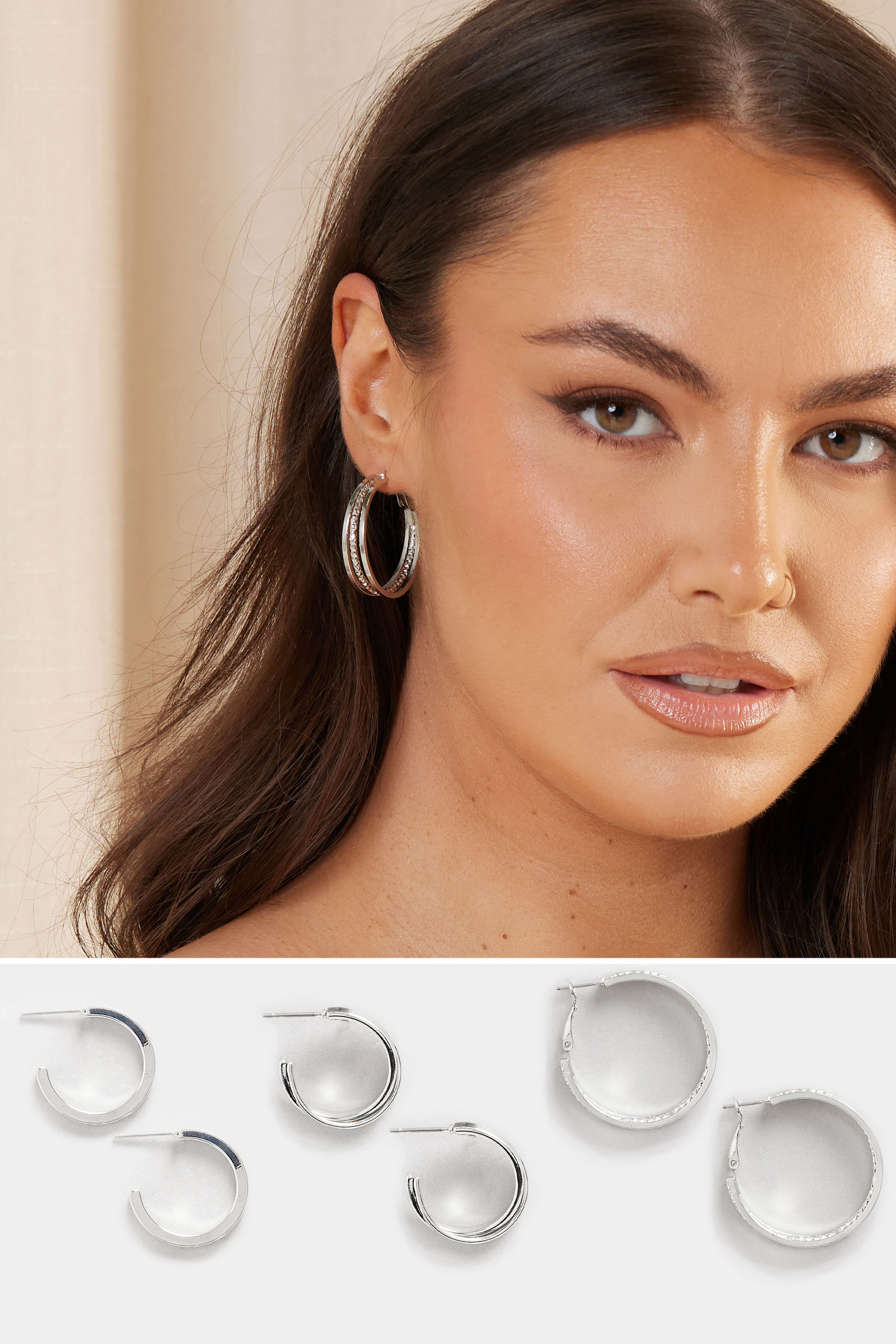 3 PACK Silver Tone Mixed Hoop Earrings Set | Yours Clothing 1