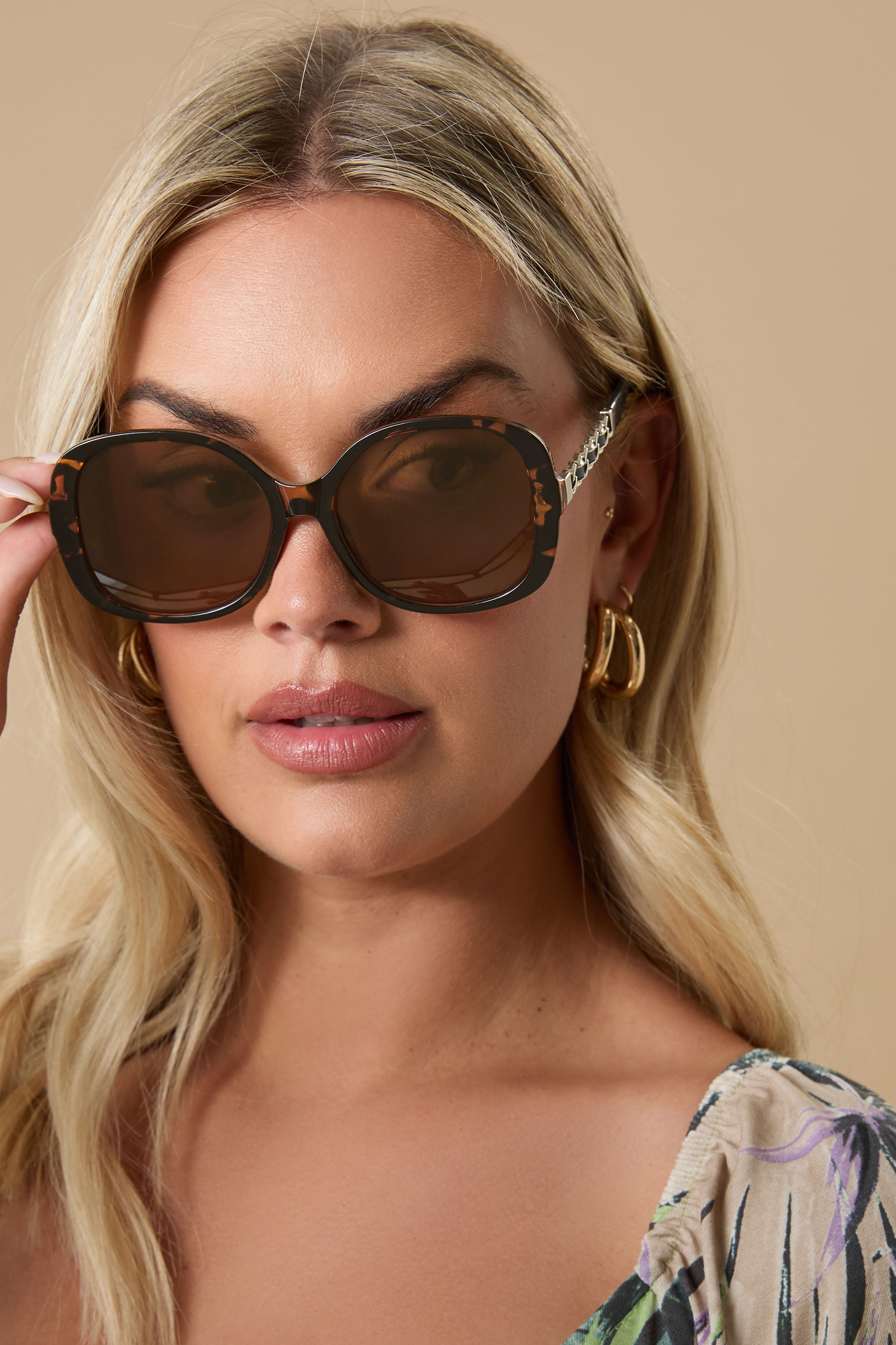 Brown Chain Tortoiseshell Oversized Sunglasses | Yours Clothing 1
