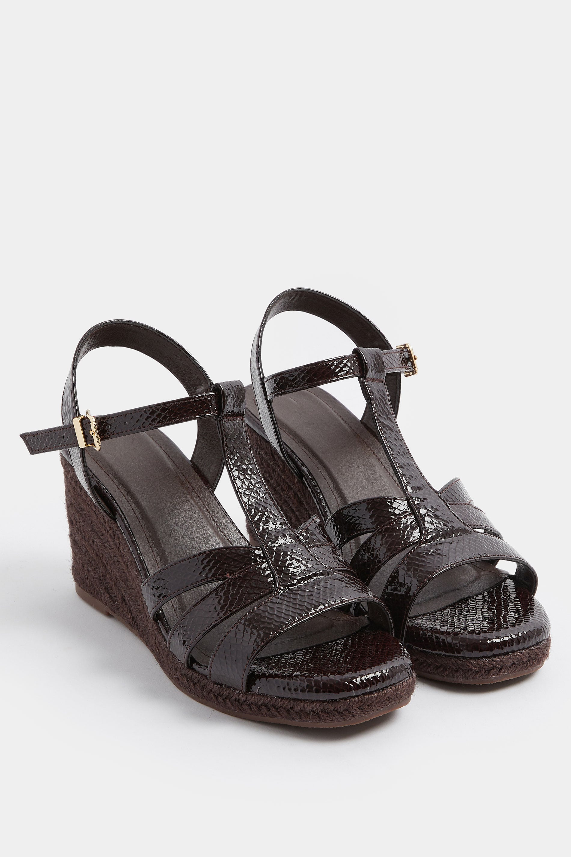 Chocolate Brown Faux Leather Patent T-Bar Wedge Sandals In Wide E Fit | Yours Clothing 3
