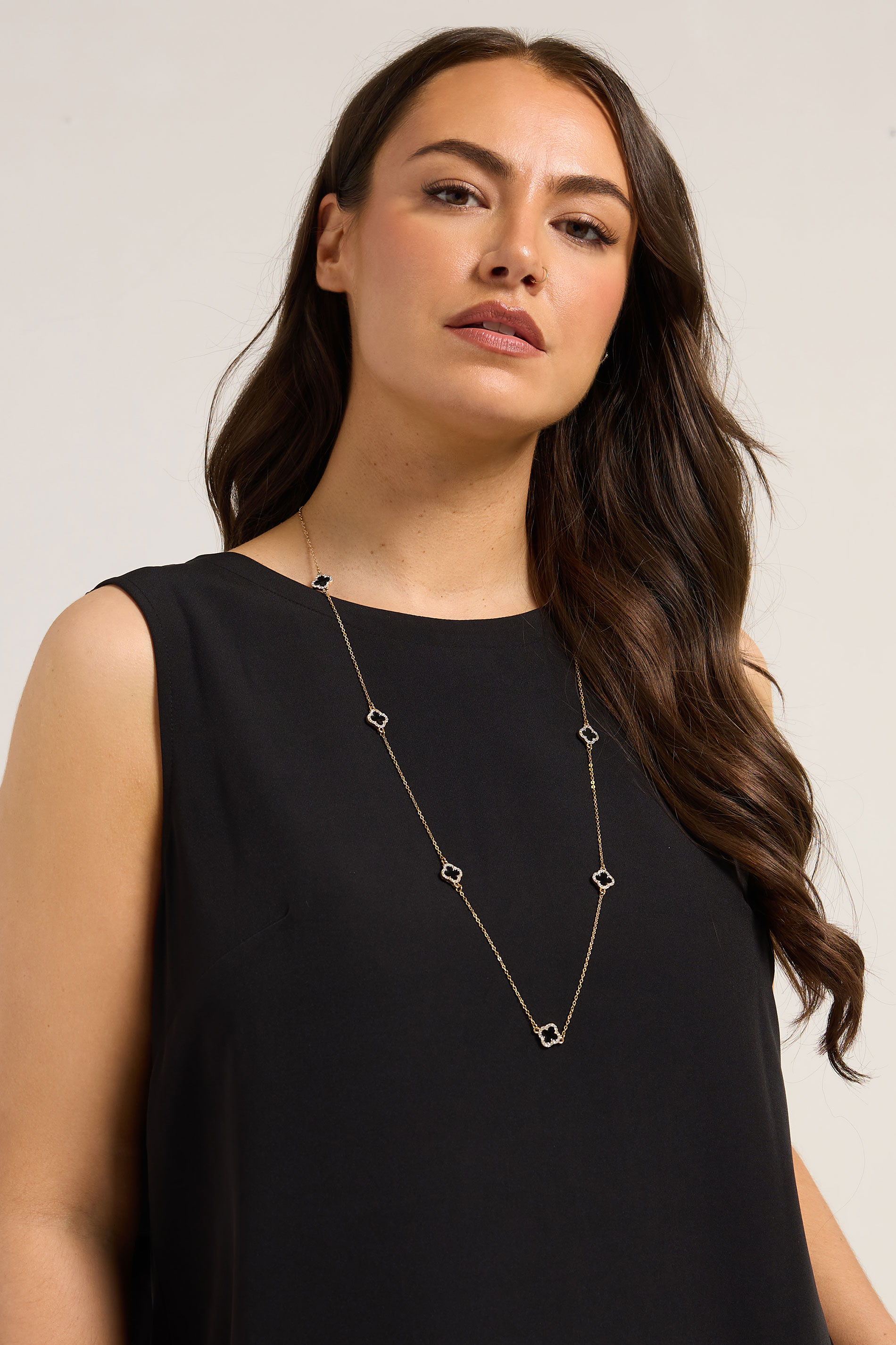 Gold Tone Long Diamante Clover Necklace | Yours Clothing 1