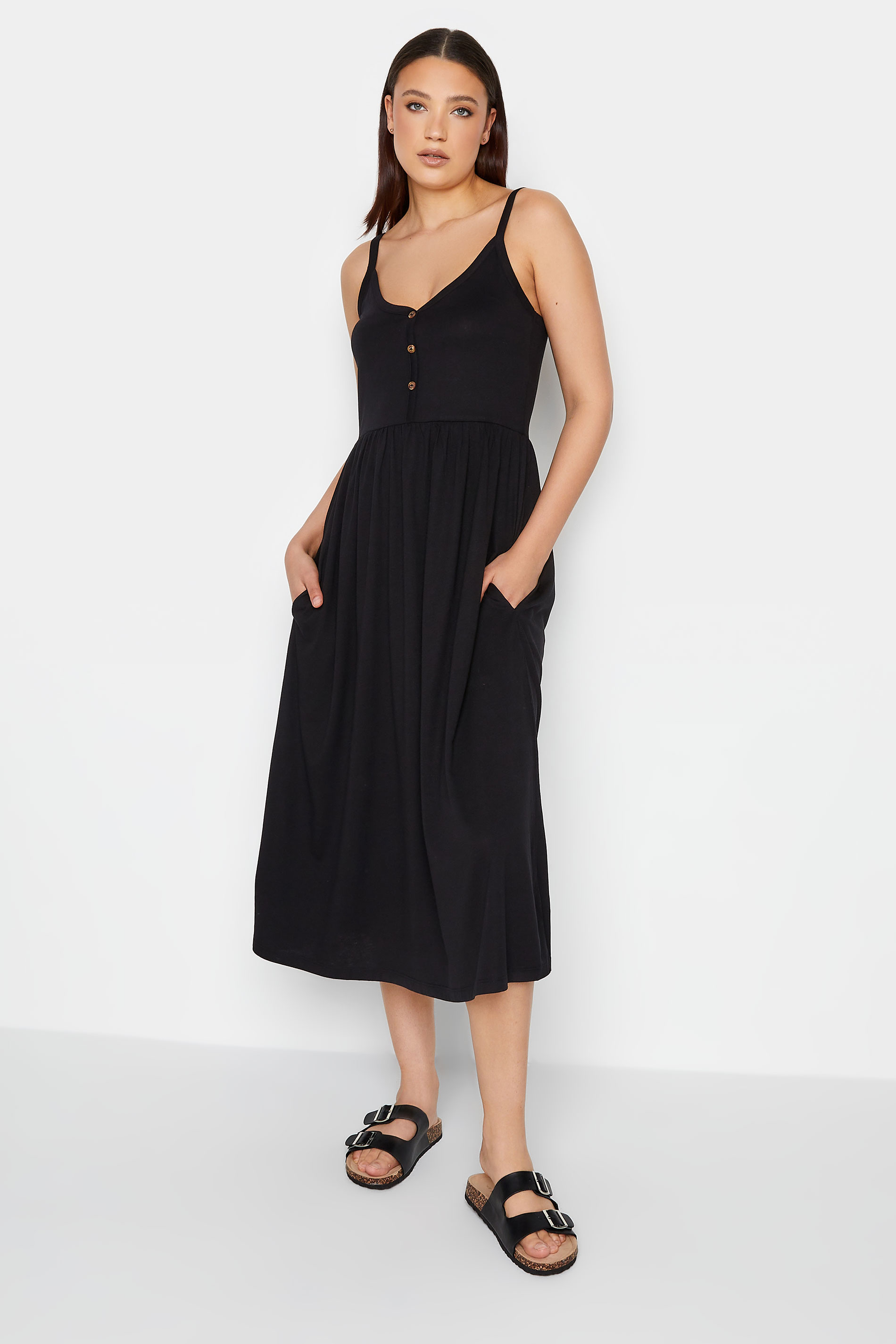 LTS Tall Womens Black Button Through Midi Cami Dress | Long Tall Sally  1