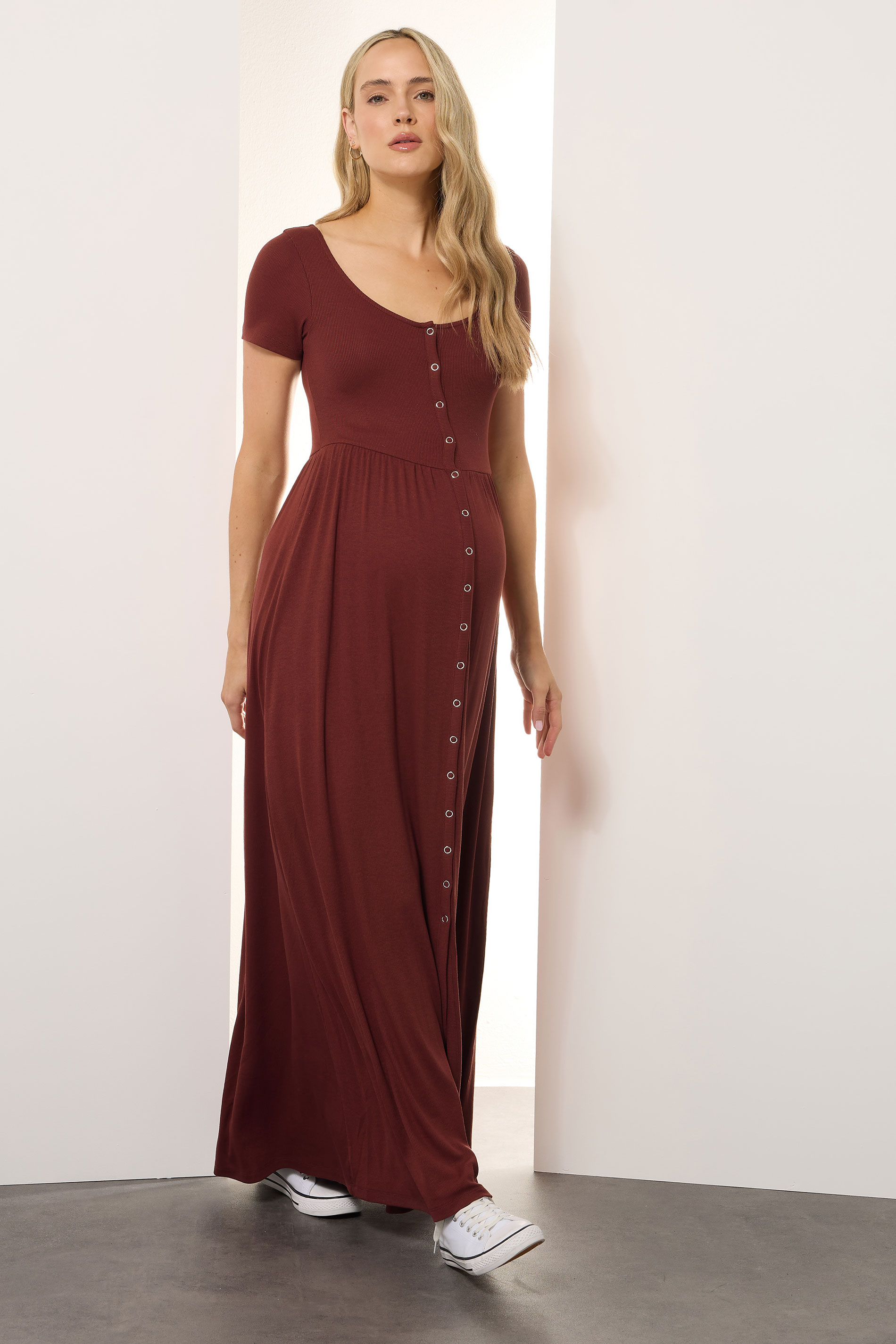 LTS Tall Maternity Rust Brown Ribbed Button Maxi Dress | Long Tall Sally 2