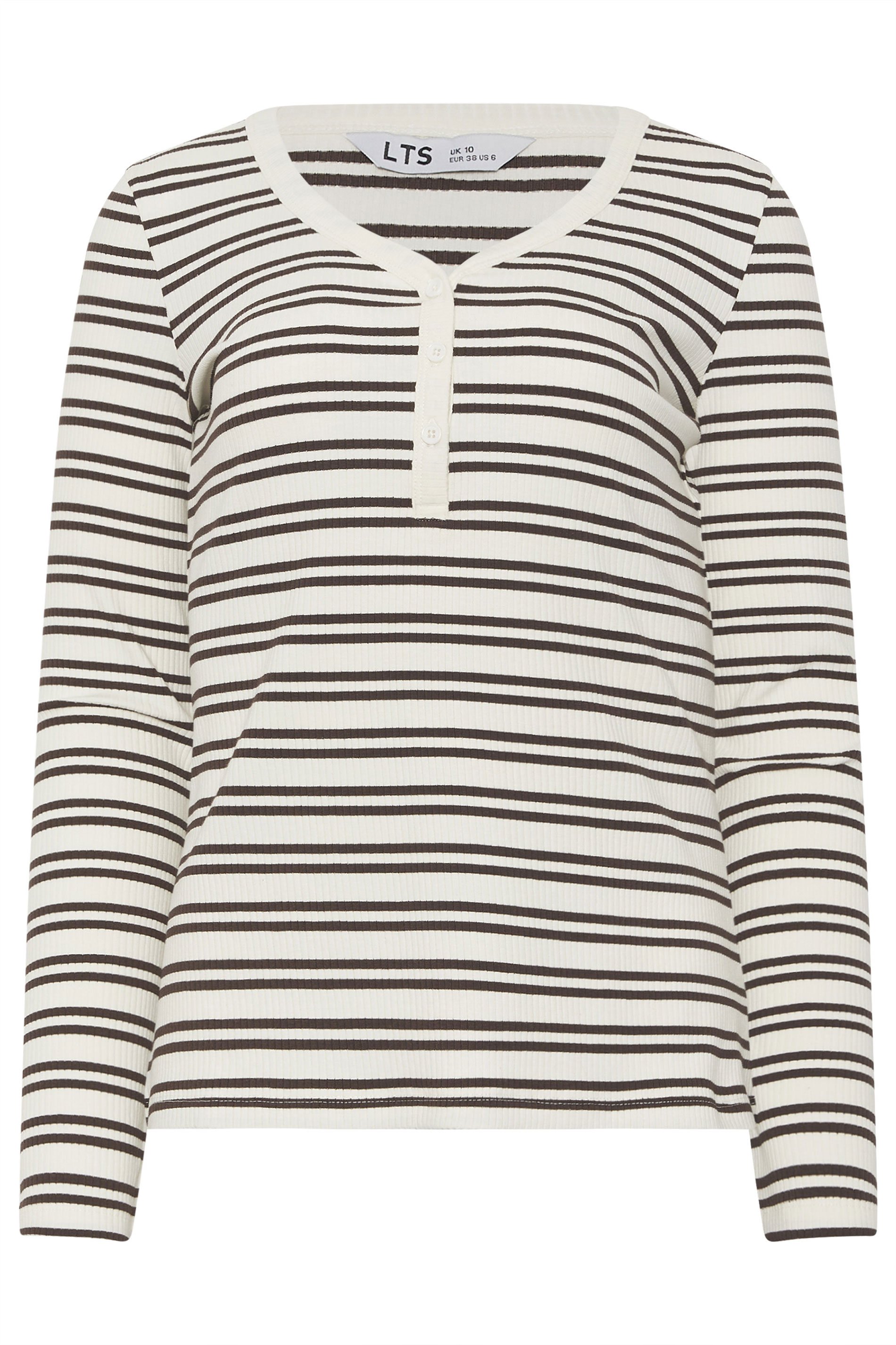 LTS Tall White & Brown Stripe Cotton Ribbed Henley Top | Long Tall Sally 1