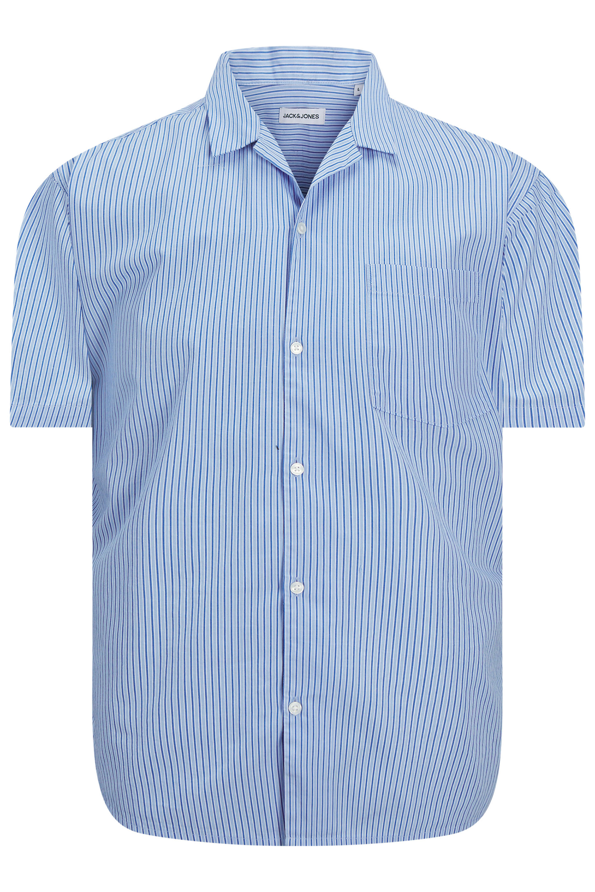 JACK & JONES Big & Tall Blue Poplin Striped Resort Shirt | BadRhino 3