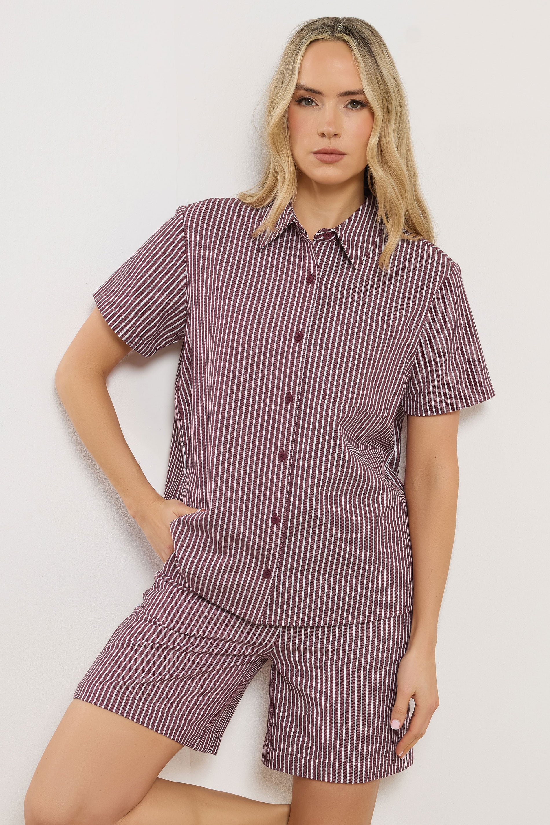 LTS Tall Women's Set Burgundy Red Stripe Cotton Shirt & Shorts | Long Tall Sally 3
