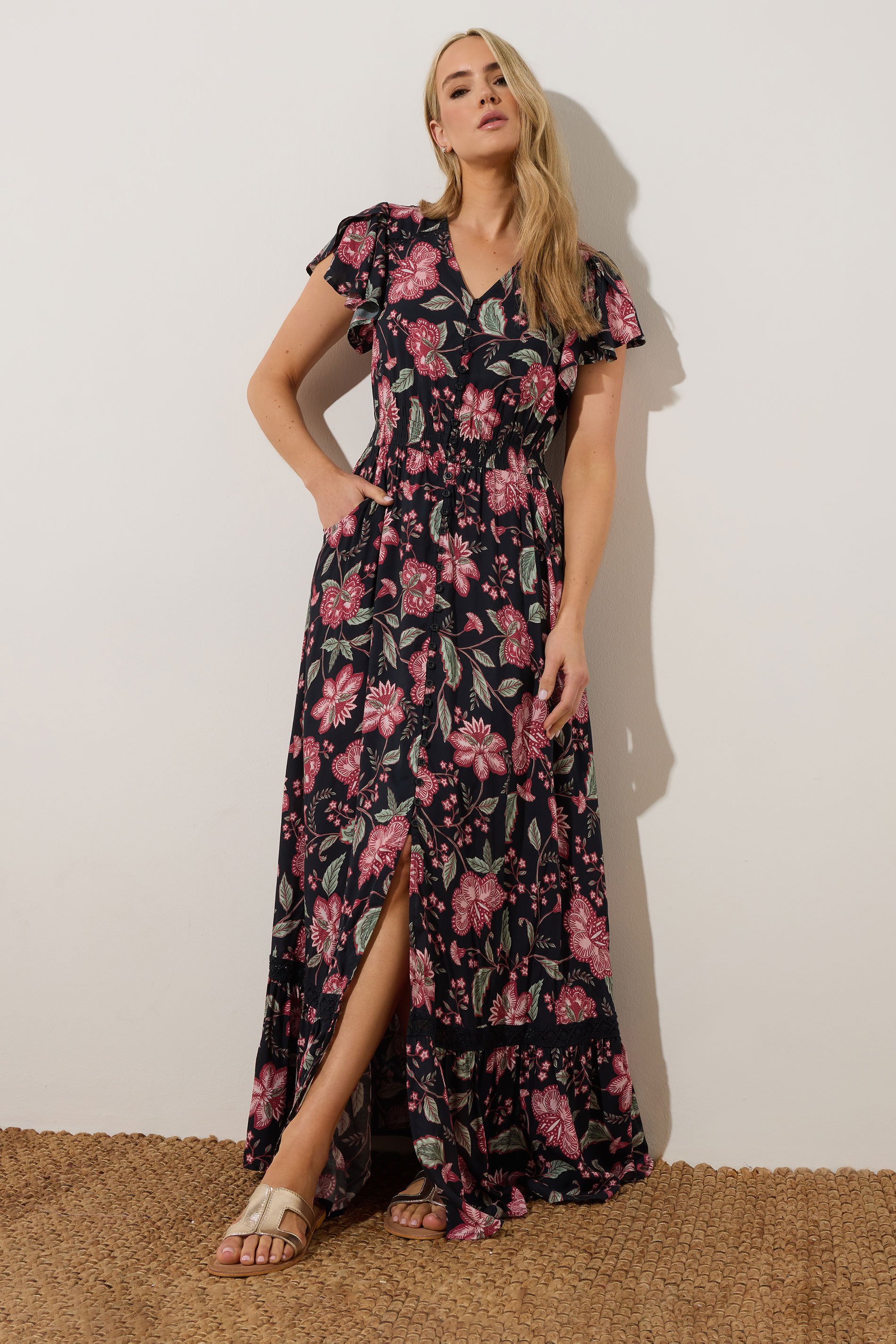 LTS Tall Black Floral Button Lace Insert Maxi Dress | Long Tall Sally 5