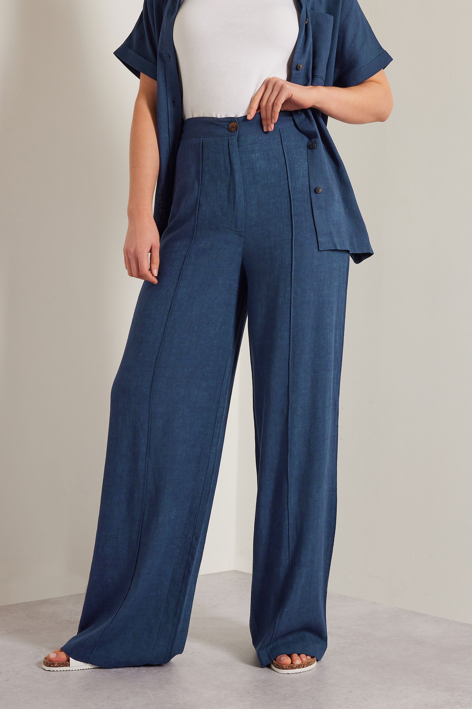 LTS Tall Navy Blue Linen Pleated Wide Leg Trousers | Long Tall Sally 4