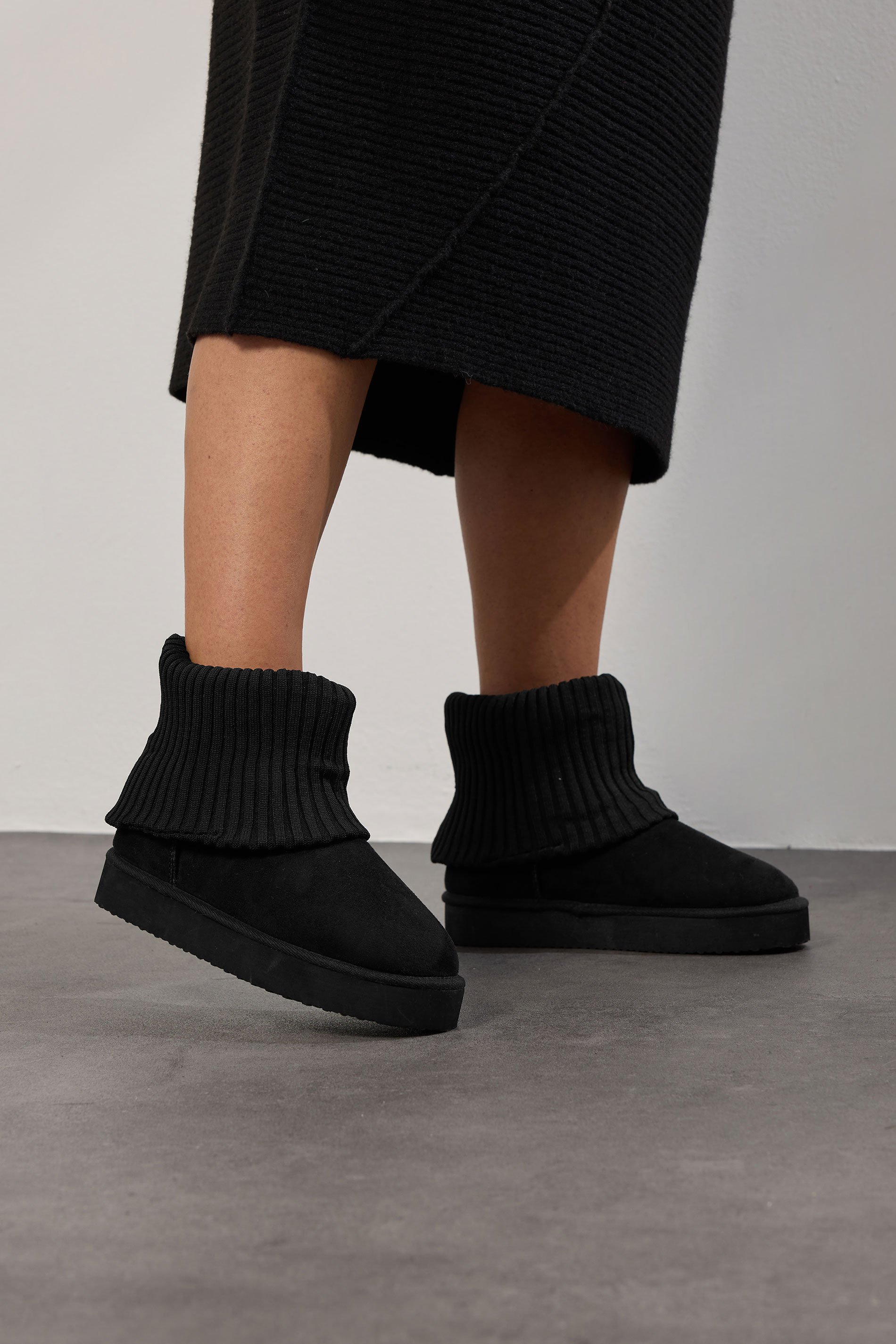 Black Faux Suede Knit Cuff Ankle Boots In Extra Wide EEE Fit | Yours Clothing 2