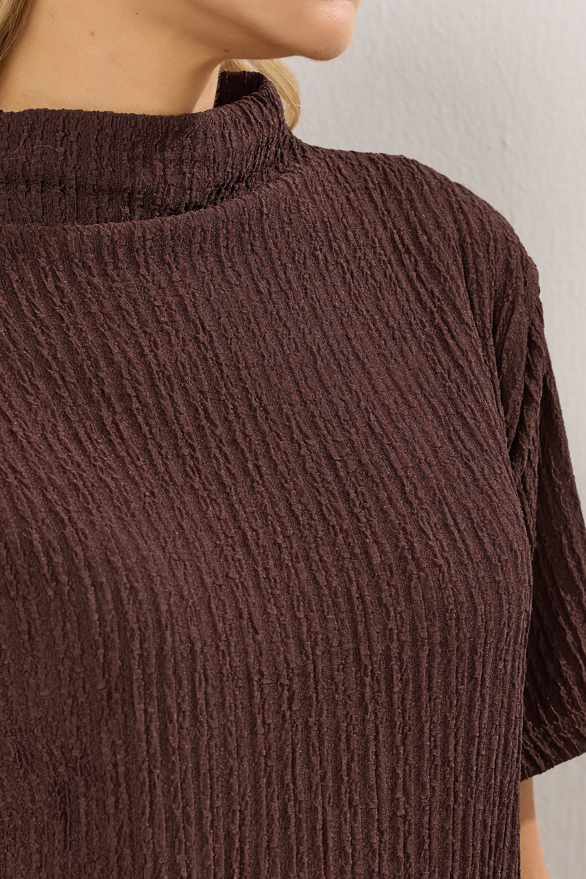 LTS Tall Chocolate Brown Textured Funnel Neck Top | Long Tall Sally 4