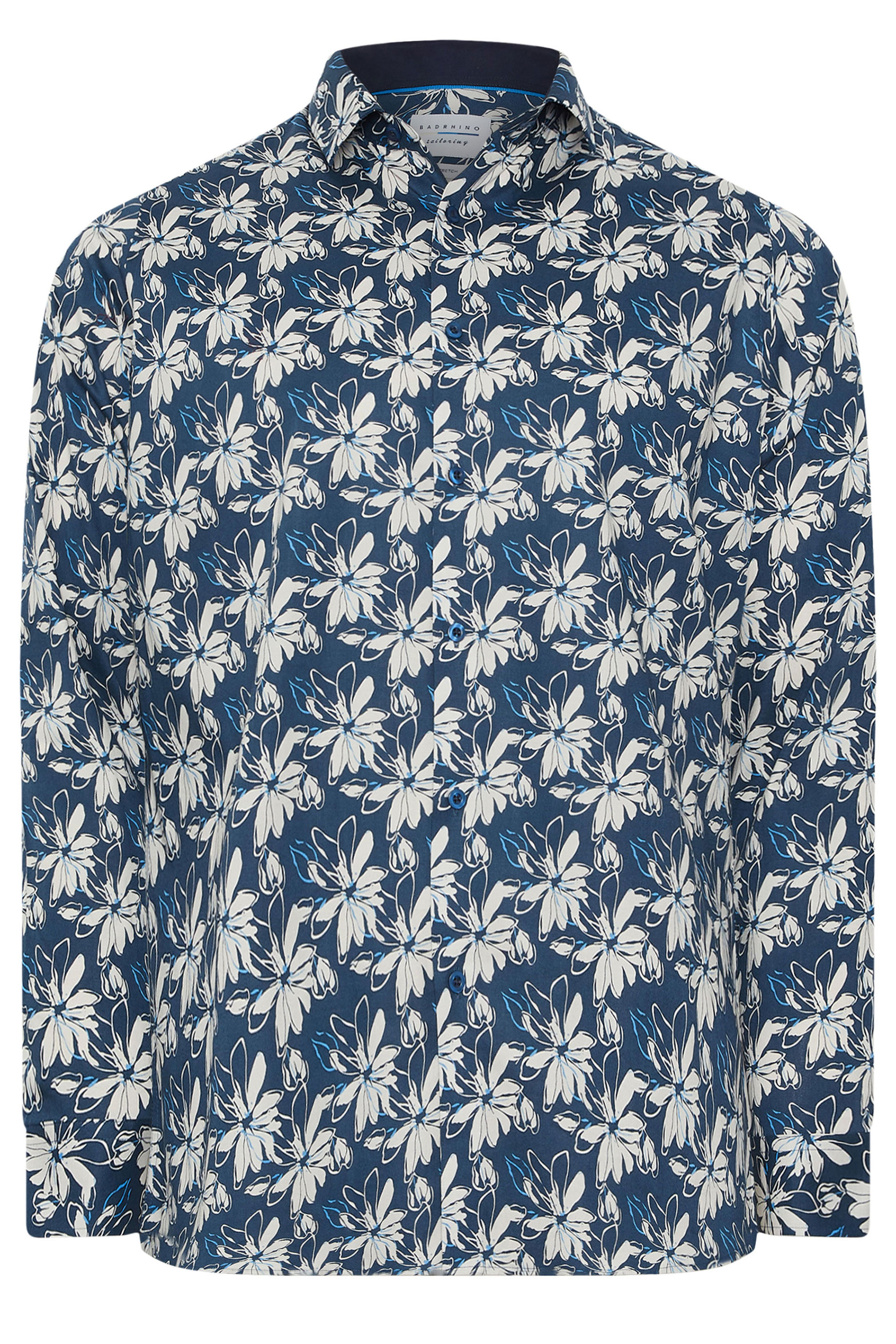 BadRhino Tailoring Big & Tall Navy Blue Premium Leaf Print Long Sleeve Shirt | BadRhino 7