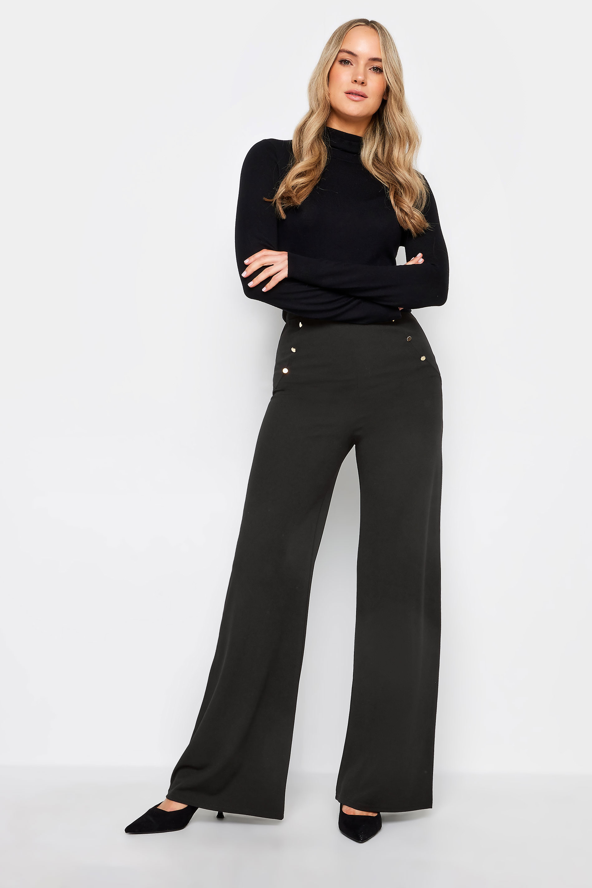 LTS Tall Womens Black Button Wide Leg High Waisted Trousers | Long Tall Sally   1