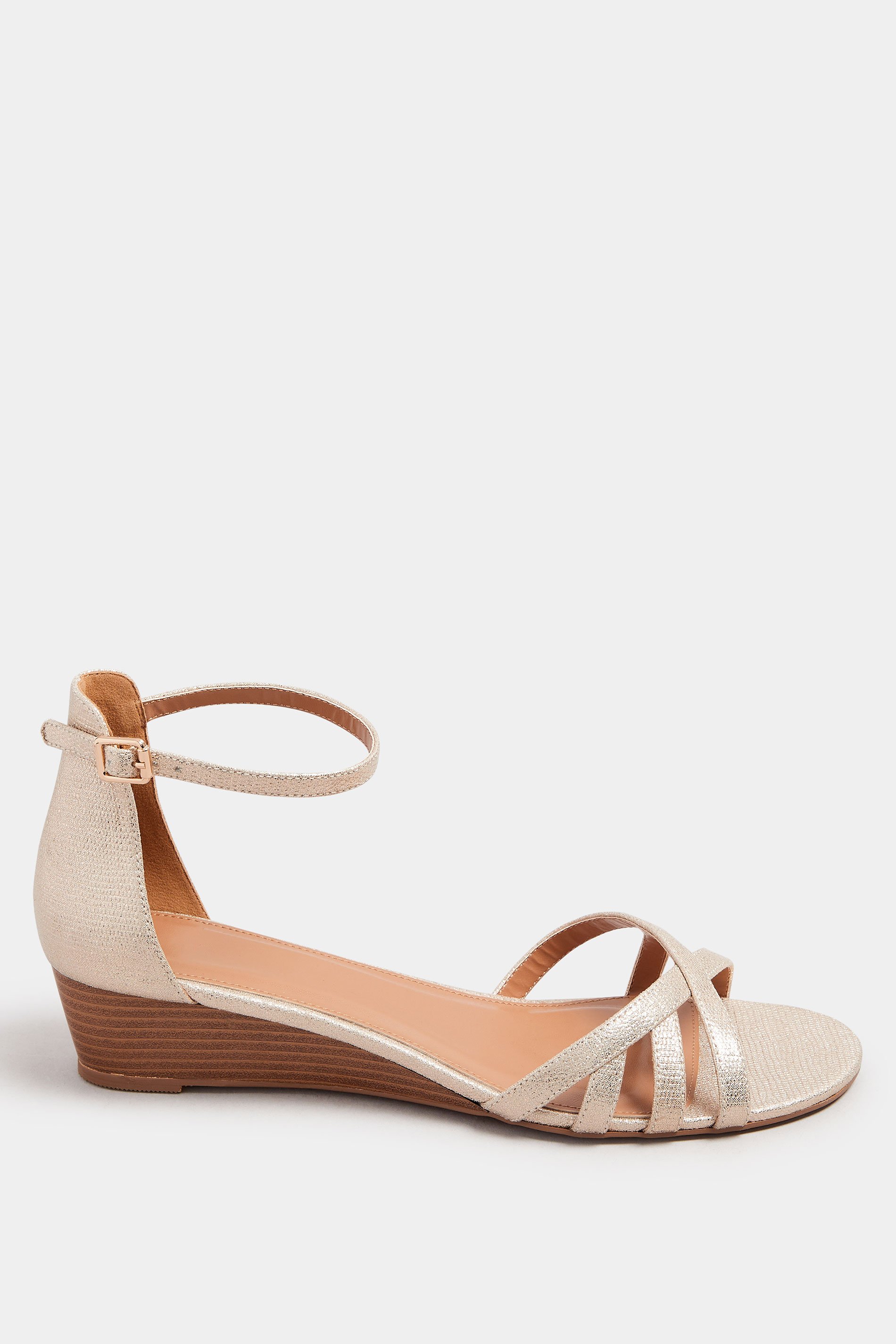 LTS Gold Mid Heel Wedge Sandals In Standard Fit | Long Tall Sally 3