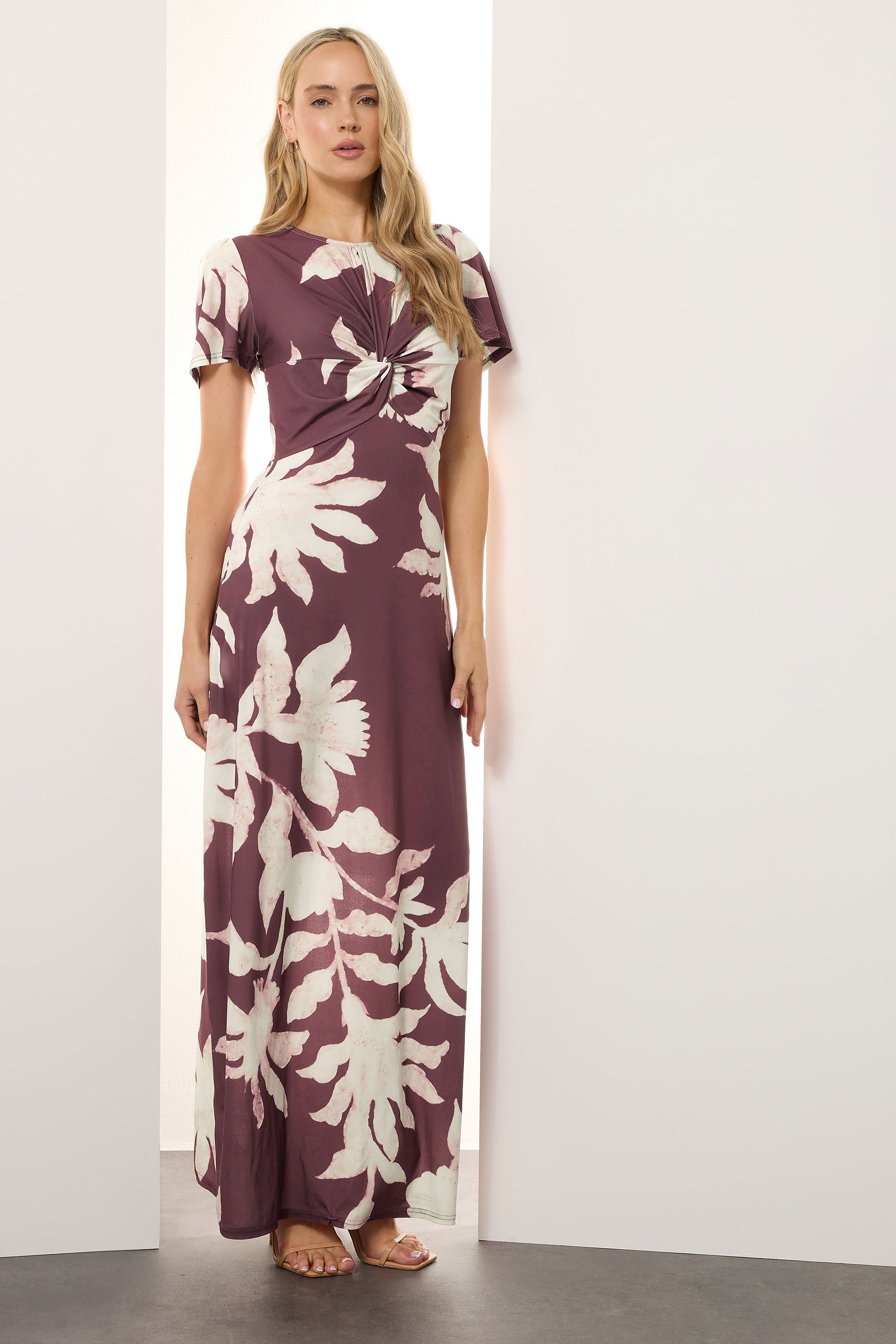 LTS Tall Berry Red Floral Ruched Maxi Dress | Long Tall Sally 3