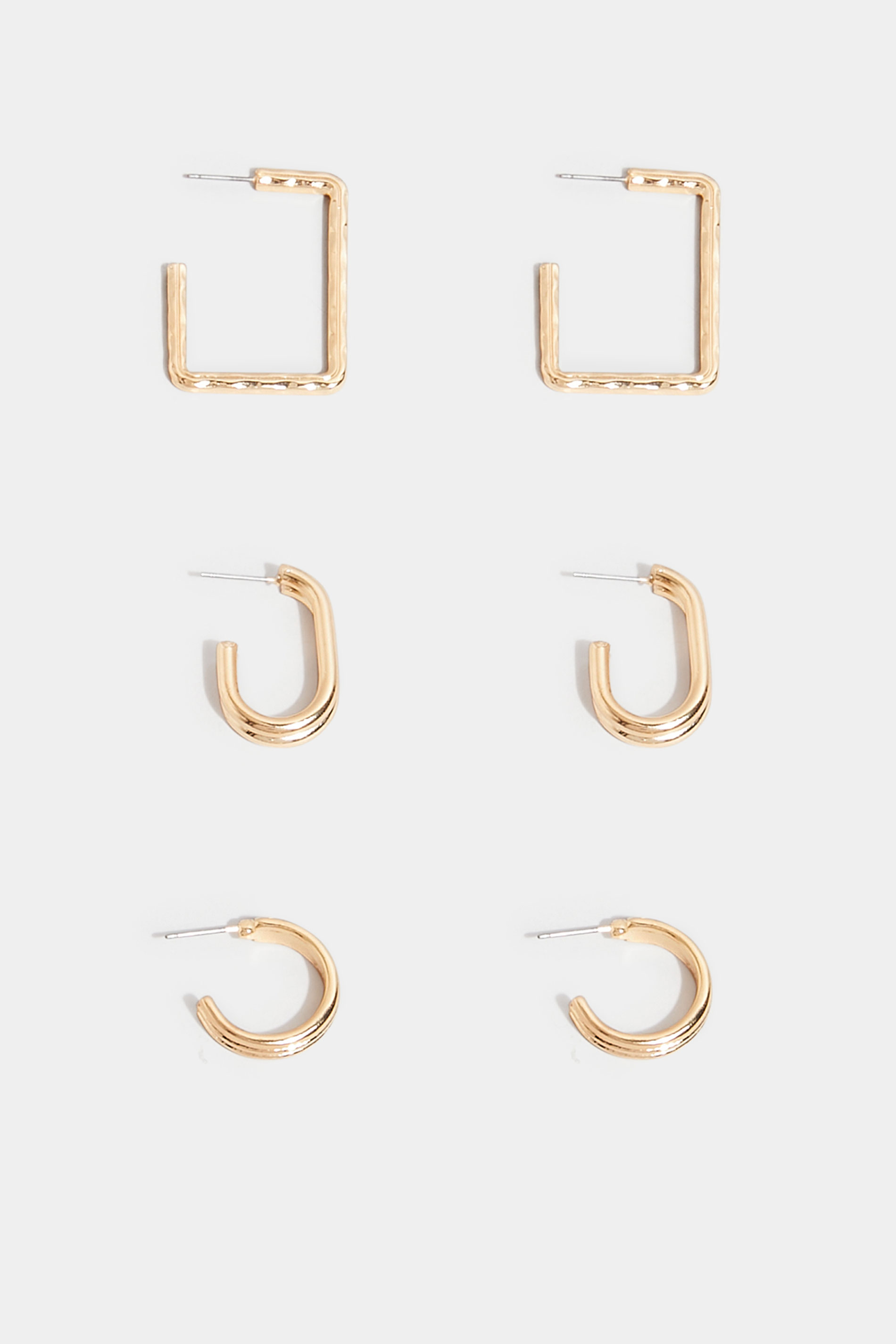 3 PACK  Gold Tone Textured Geometric Hoop Earrings | Yours Clothing 3