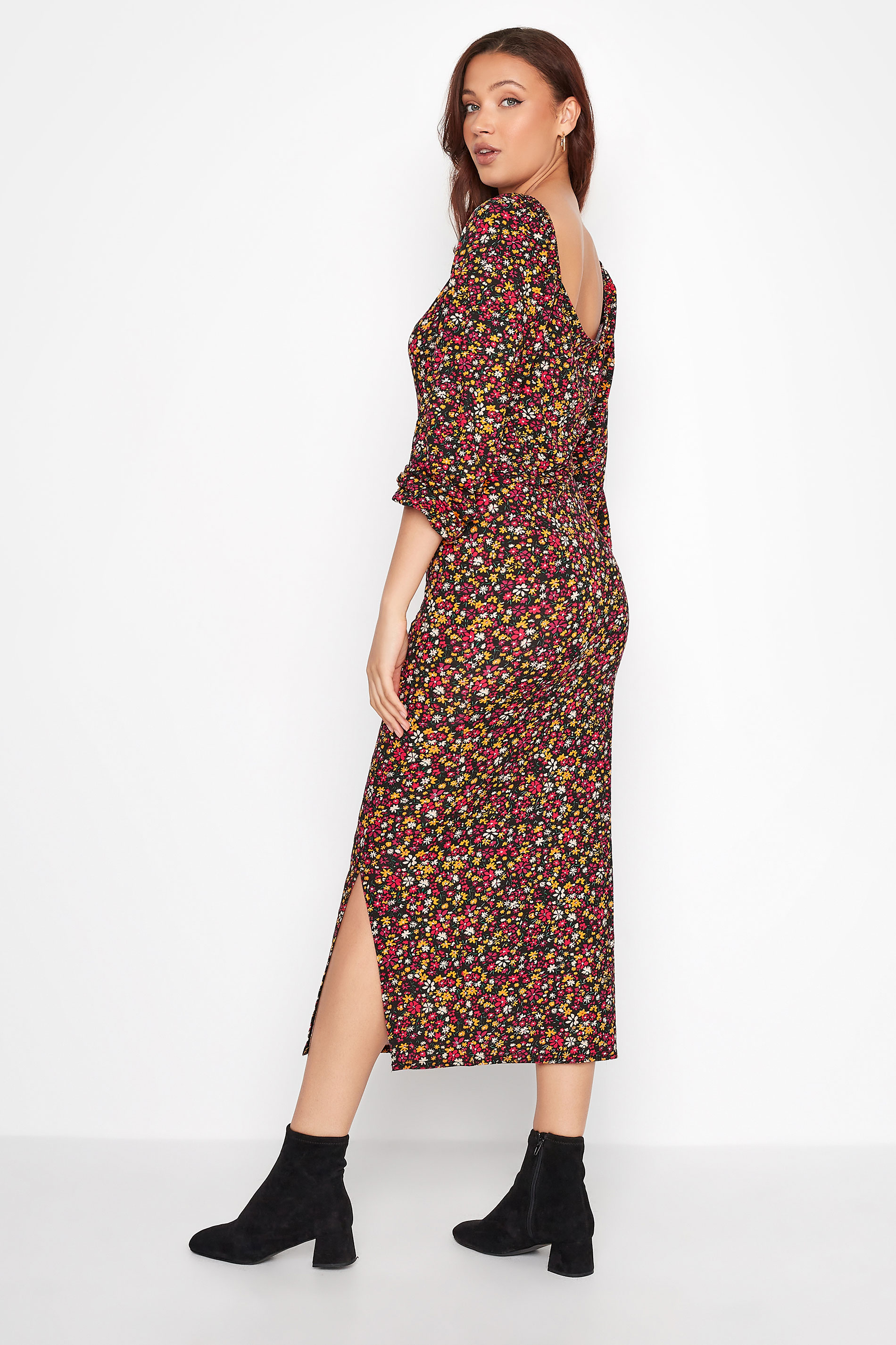 Tall Women's Black & Orange Floral Side Split Midi Dress | Long Tall Sally  3