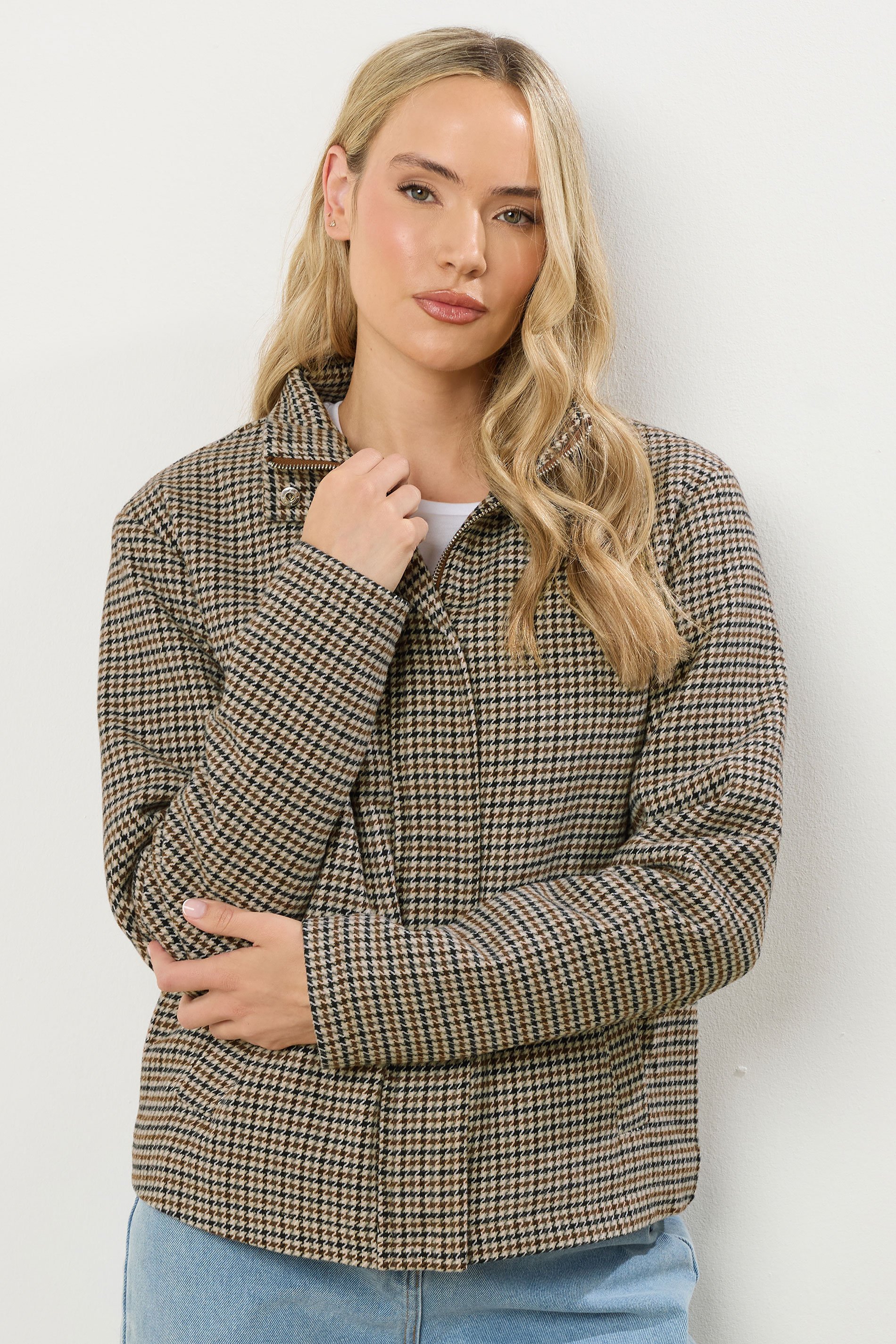 LTS Tall Brown Check Funnel Neck Coat | Long Tall Sally 3