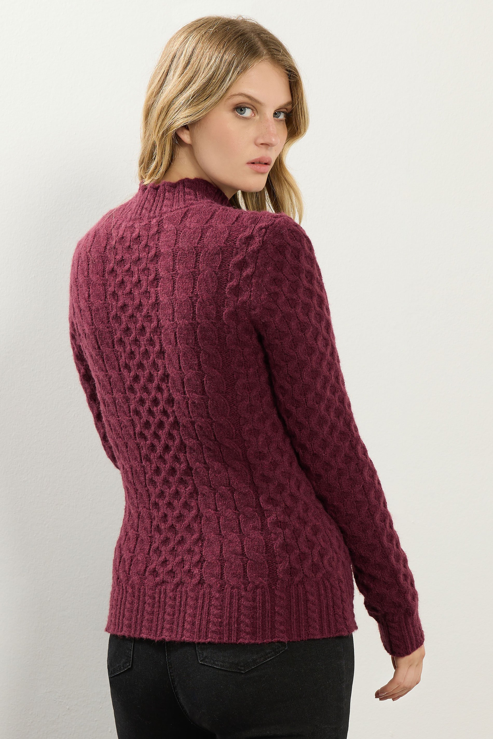 LTS Tall Burgundy Red Cable Knit Frill Jumper | Long Tall Sally 4