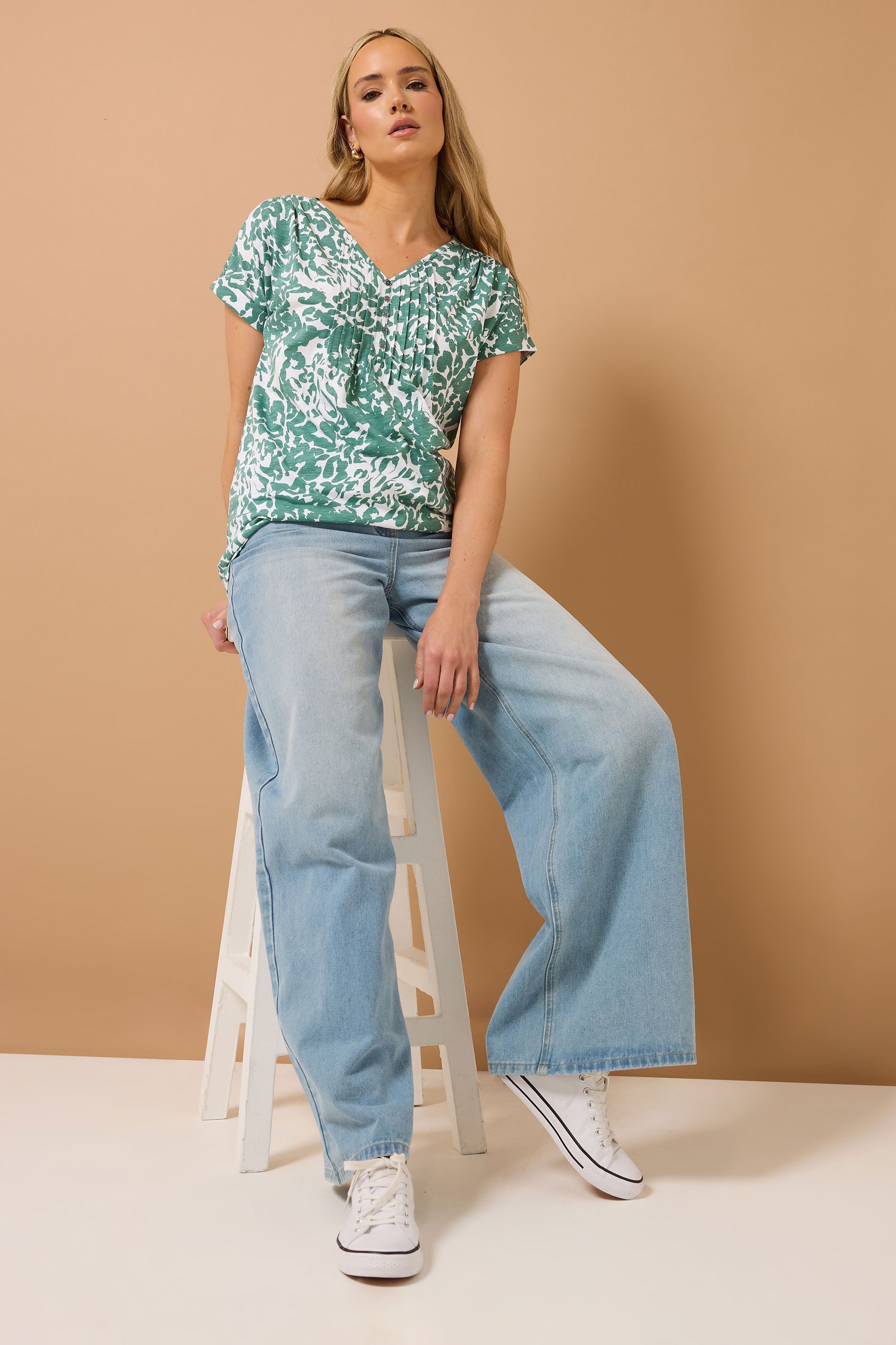 LTS Tall Sage Green Cotton Abstract Floral Henley Top | Long Tall Sally 3