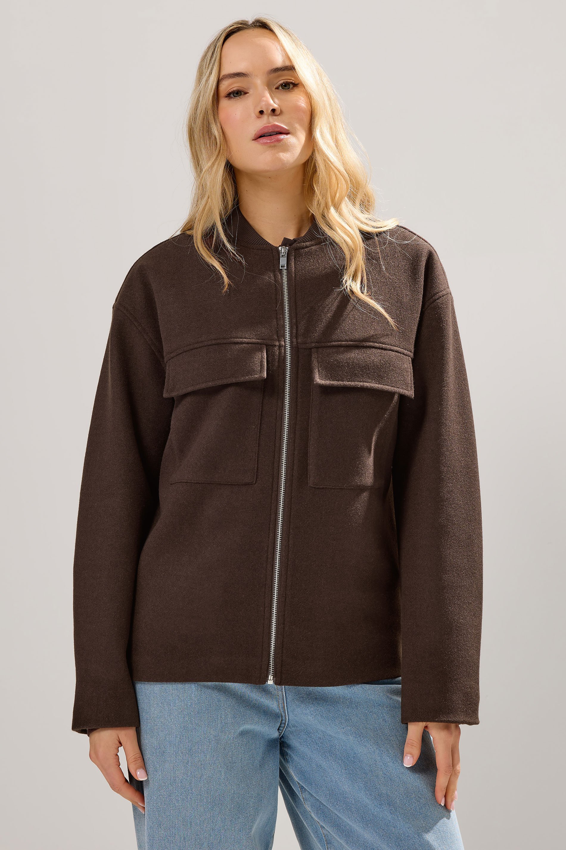 LTS Tall Chocolate Brown Brushed Pocket Bomber Jacket | Long Tall Sally 1