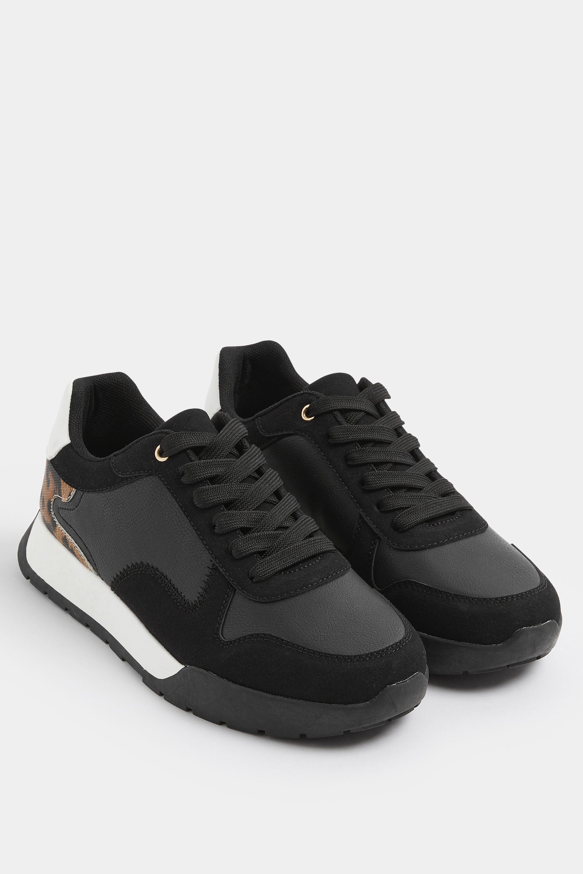 Black Leopard Print Panelled Runner Trainers In Extra Wide EEE Fit | Yours Clothing 1