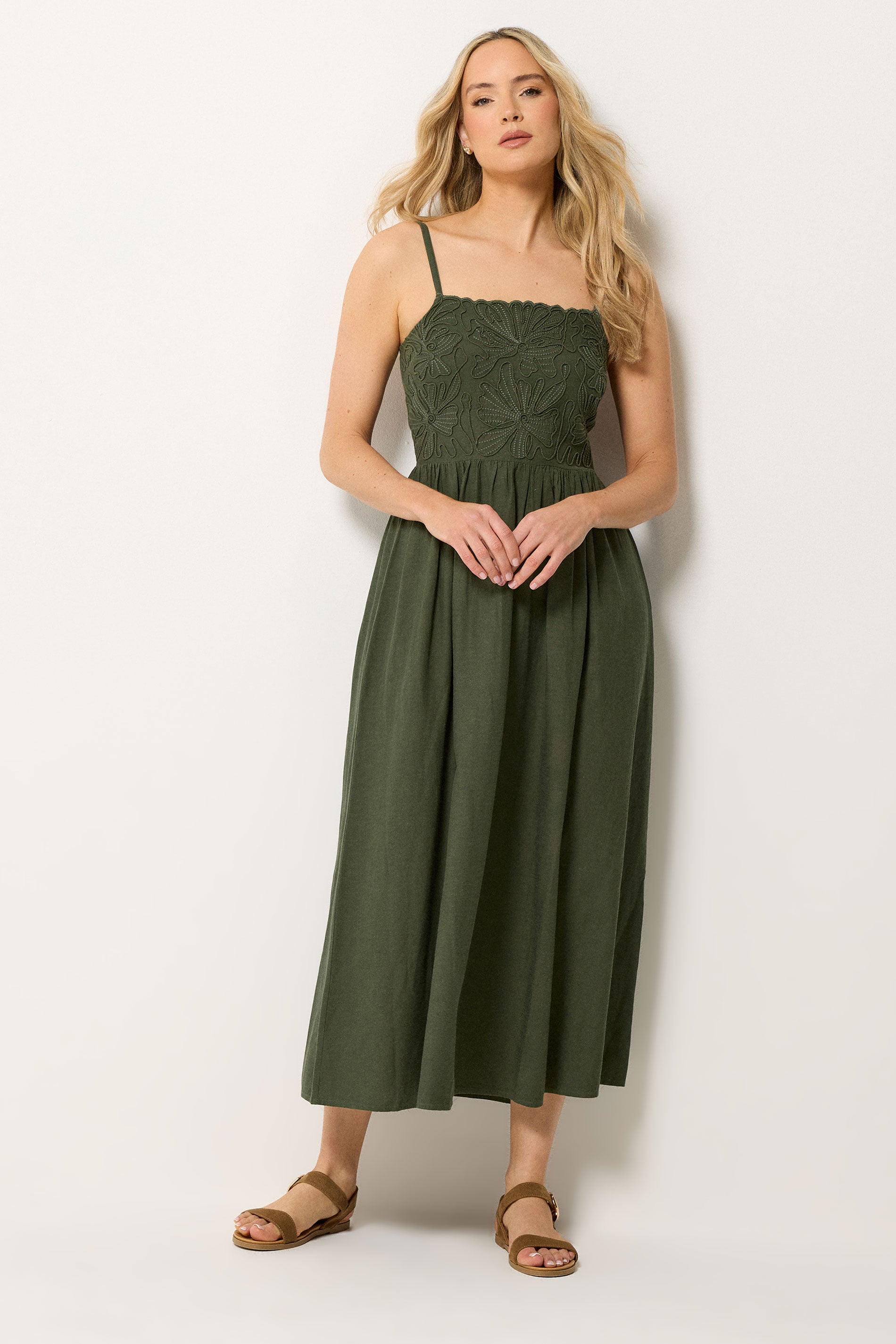 LTS Tall Women's Olive Green Linen Embroidered Midi Dress | Long Tall Sally 2