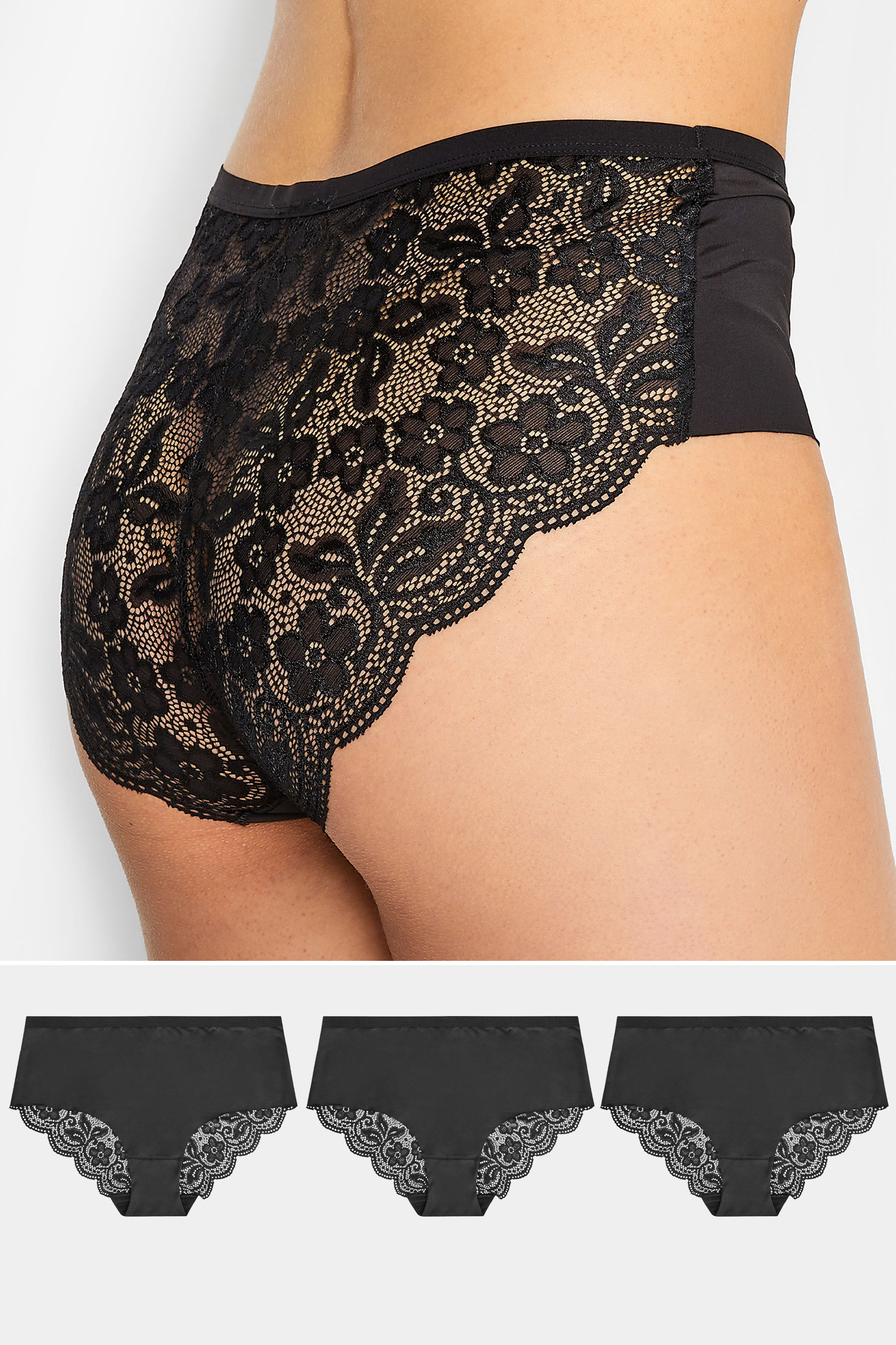 3 PACK Tall Black Lace Back Full Briefs | Long Tall Sally 1