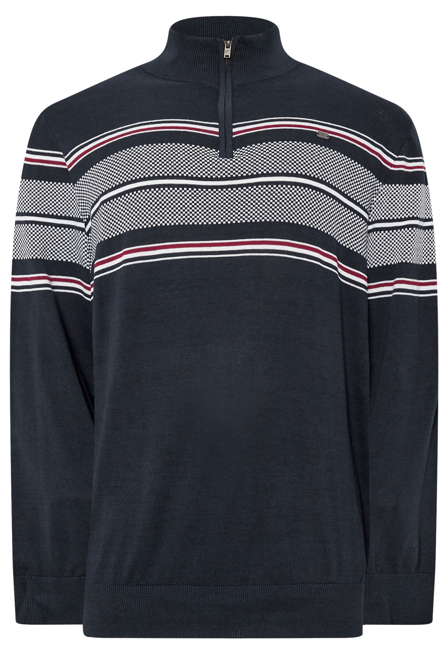 KAM Big & Tall Navy Blue Quarter Zip Stripe Knit Jumper | BadRhino 3