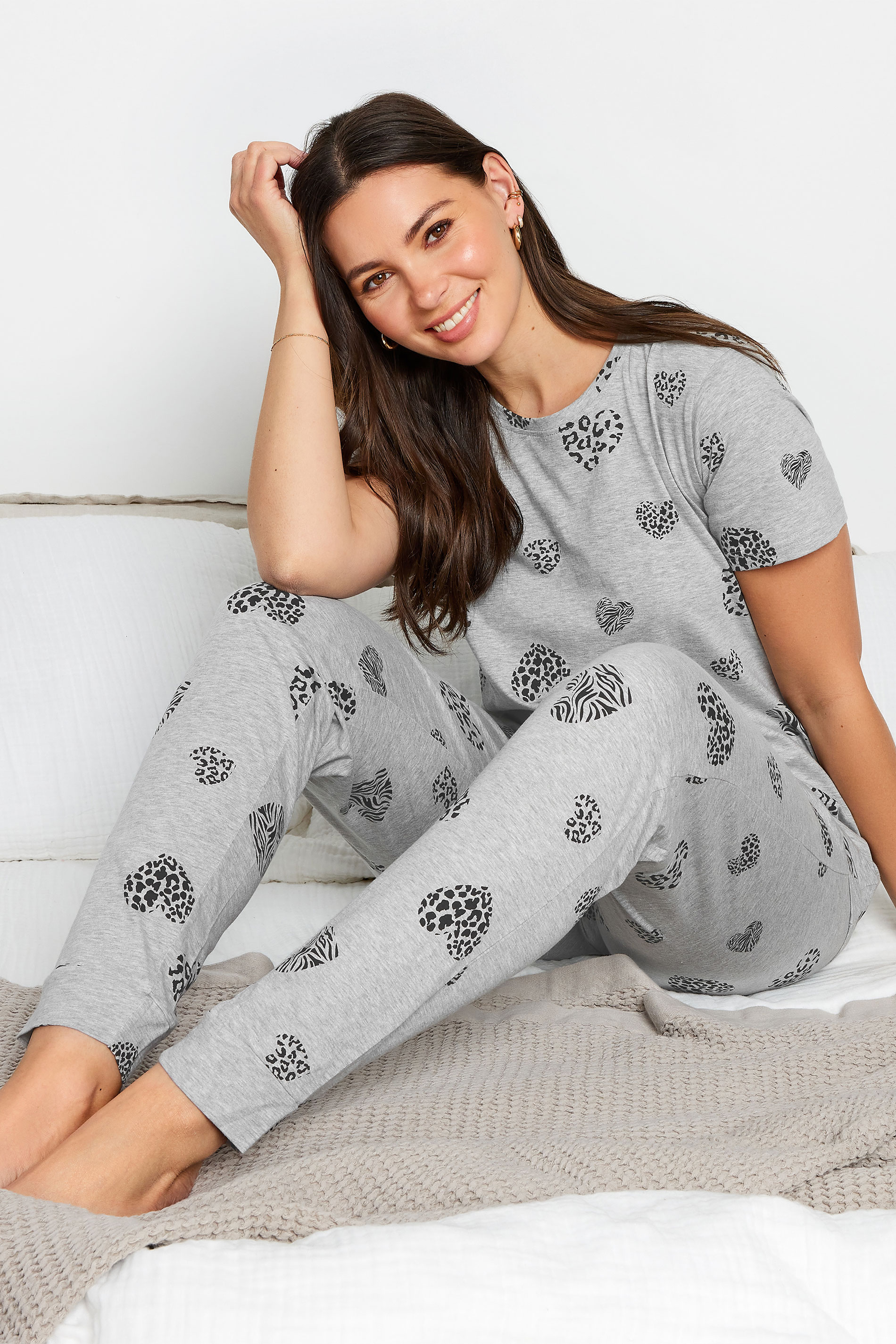 LTS Tall Womens Grey Animal Heart Print Pyjama Set | Long Tall Sally 1