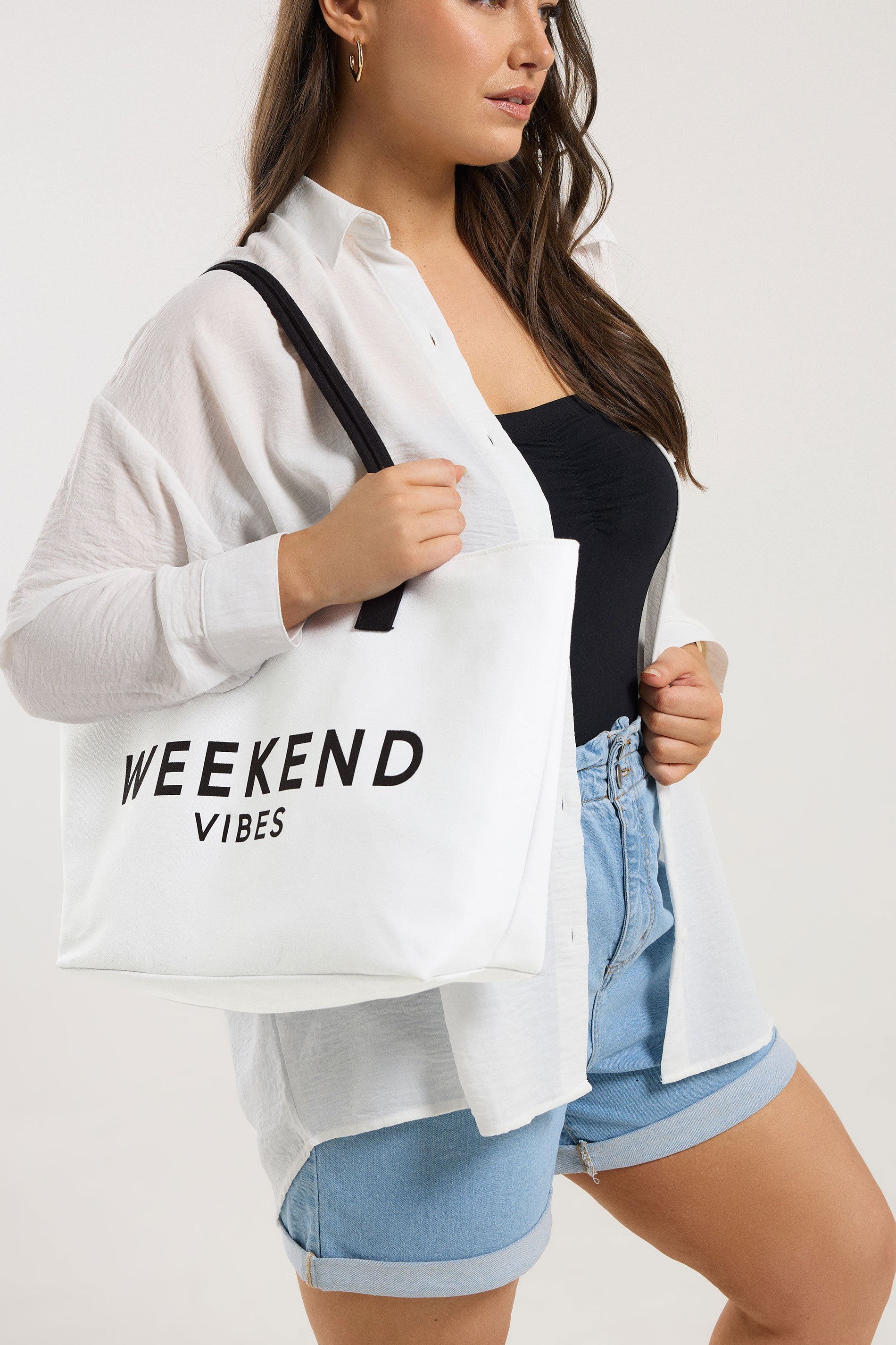 White 'Weekend Vibes' Tote Bag | Yours Clothing 1