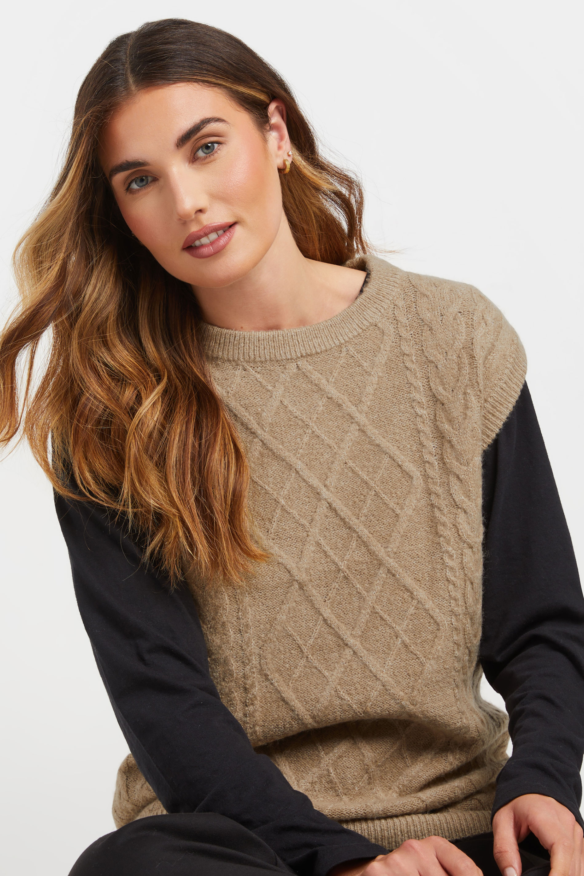 LTS Tall Beige Brown Cable Knit Vest Top | Long Tall Sally