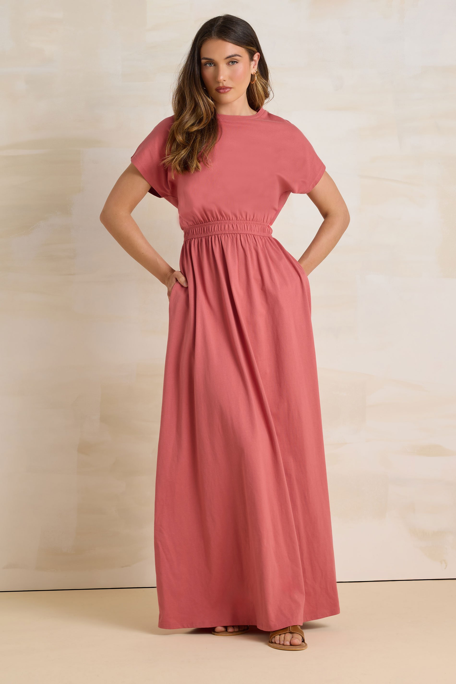 LTS Tall Coral Pink Jersey Shirred Waist Maxi Dress | Long Tall Sally 1
