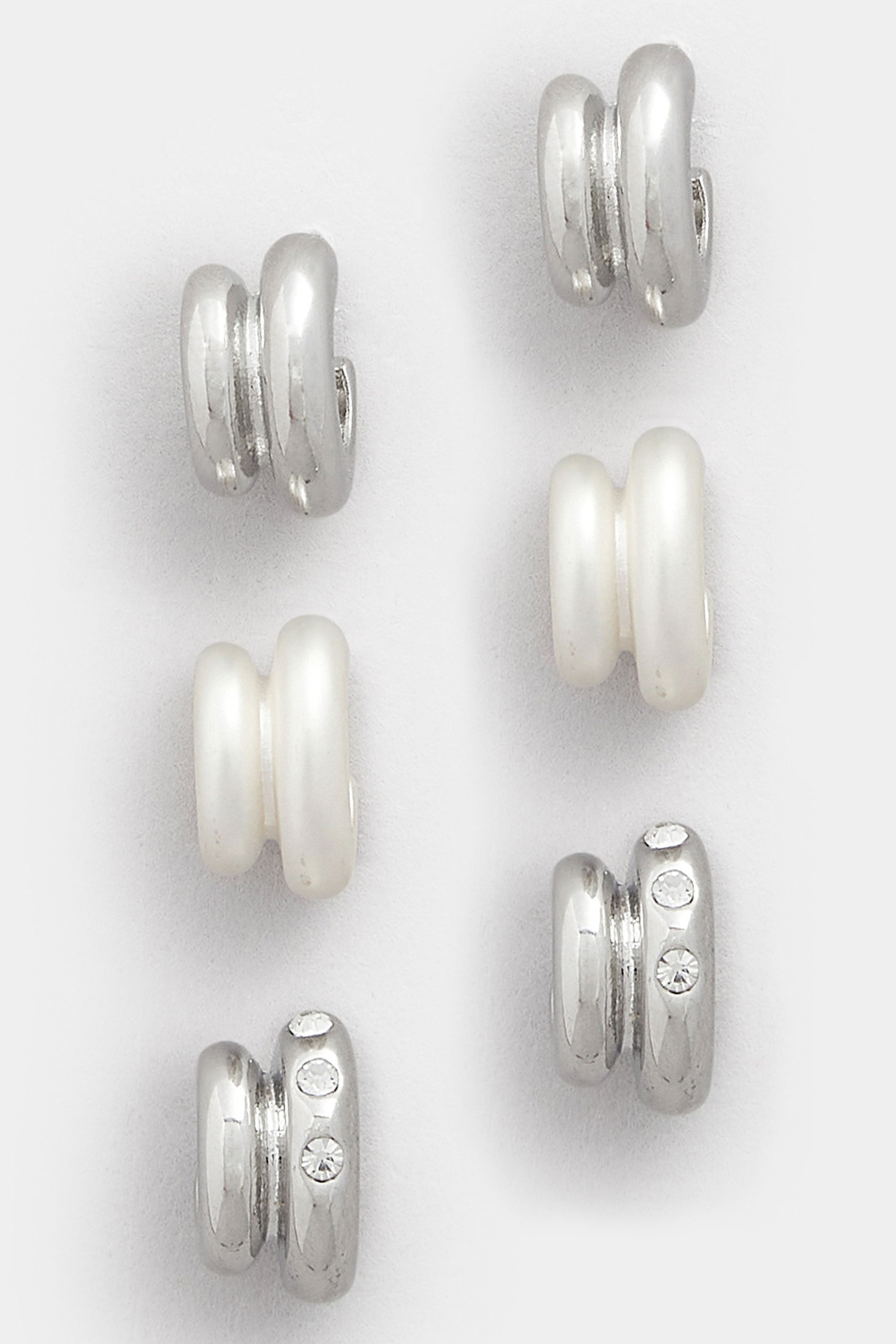 3 PACK Silver Tone Diamante Mini Hoop Earrings Set | Yours Clothing 3