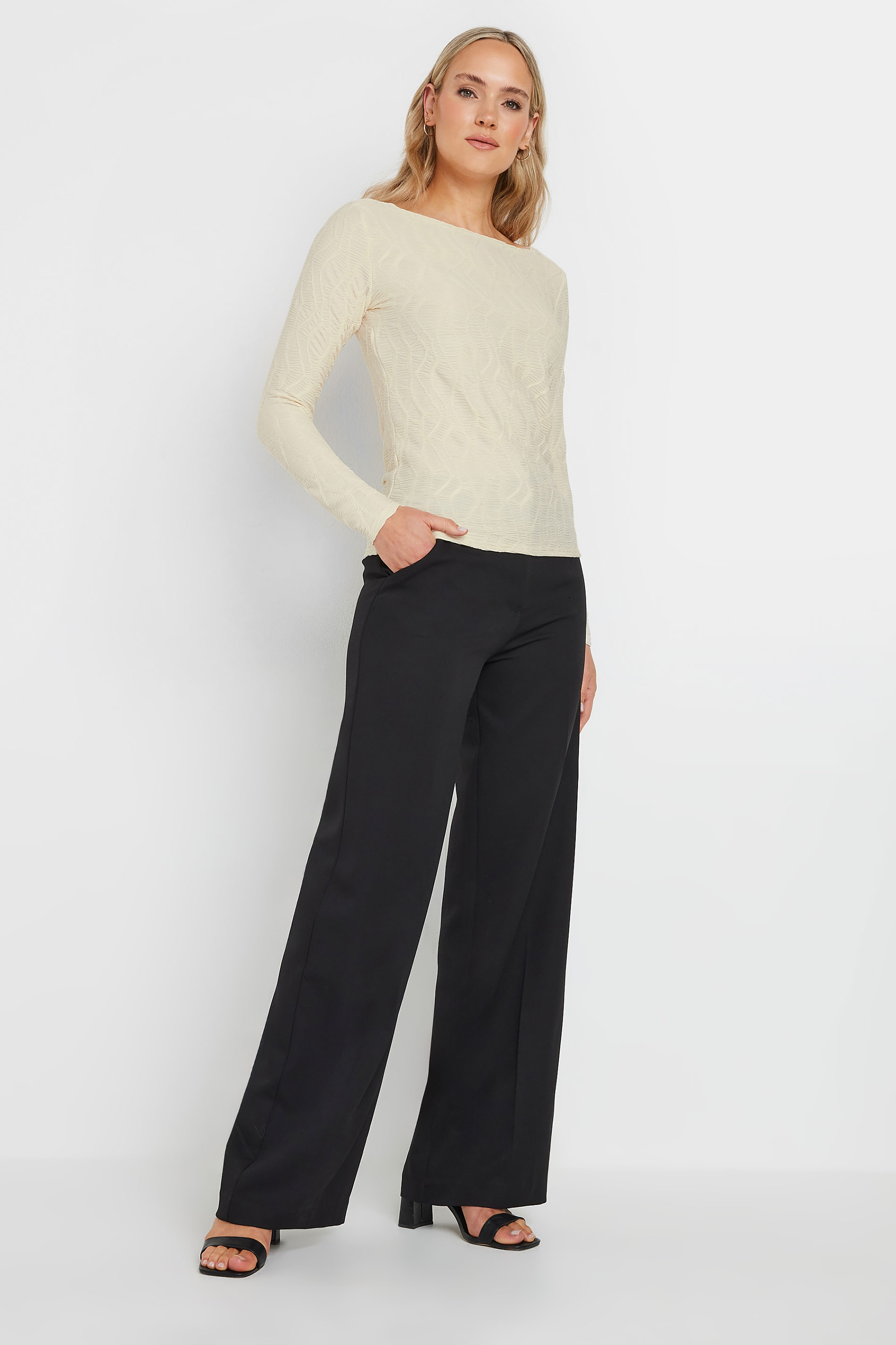 LTS Tall Ivory White Textured Slash Neck Long Sleeve Top | Long Tall Sally 3