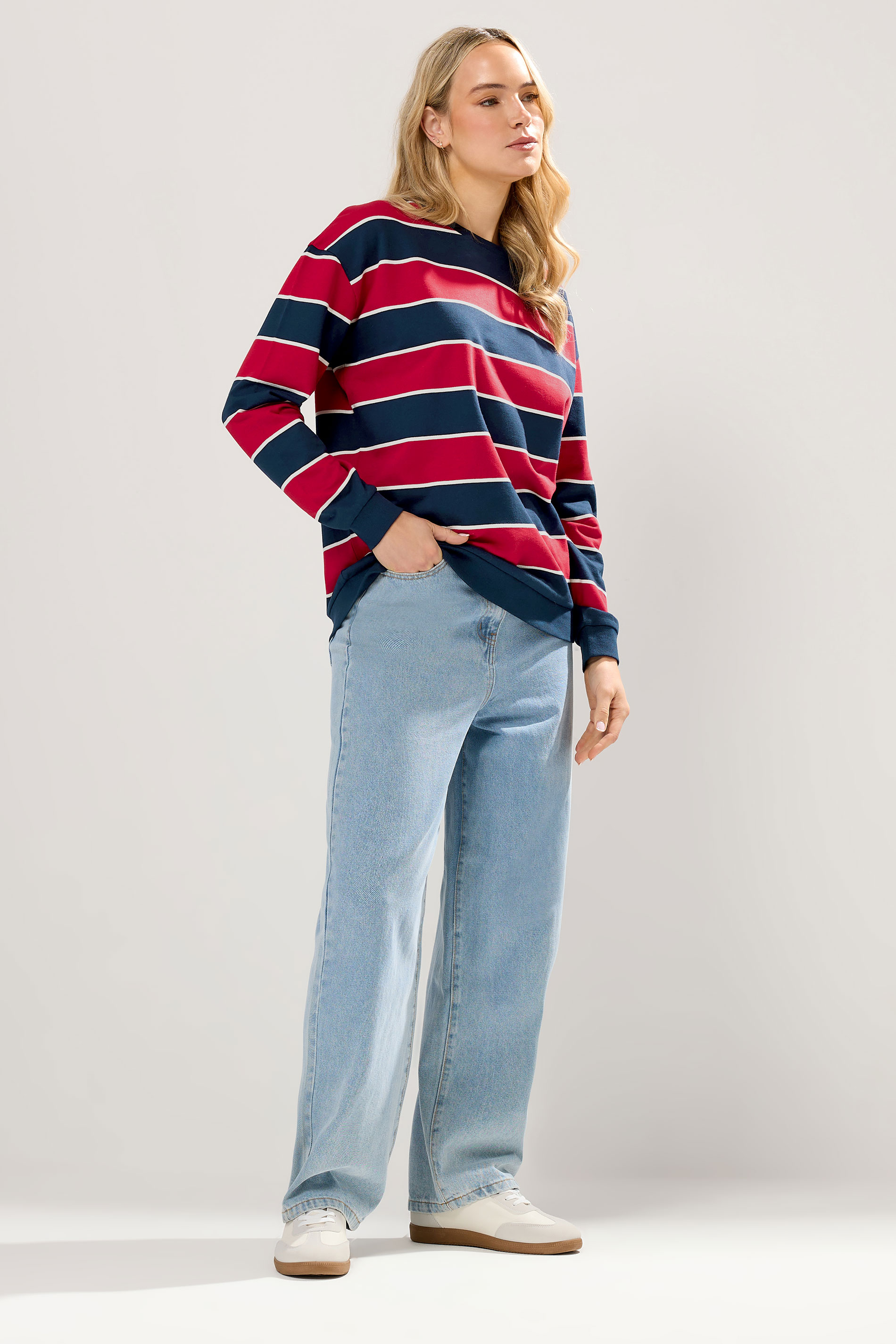 LTS Tall Navy Blue & Red Stripe Crew Neck Sweatshirt | Long Tall Sally 2