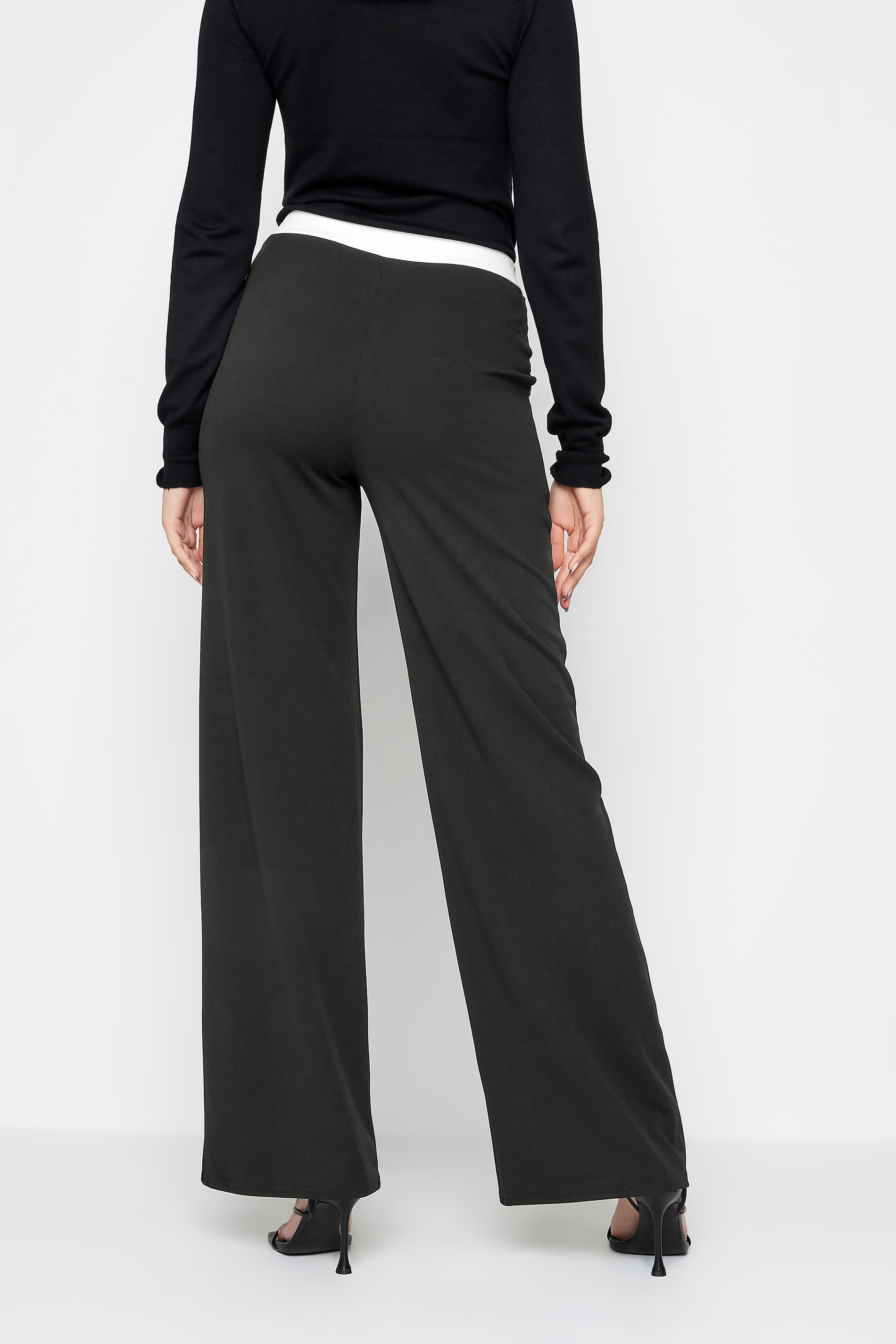 LTS Tall Black & White Contrast Waistband Wide Leg Trousers | Long Tall Sally 3