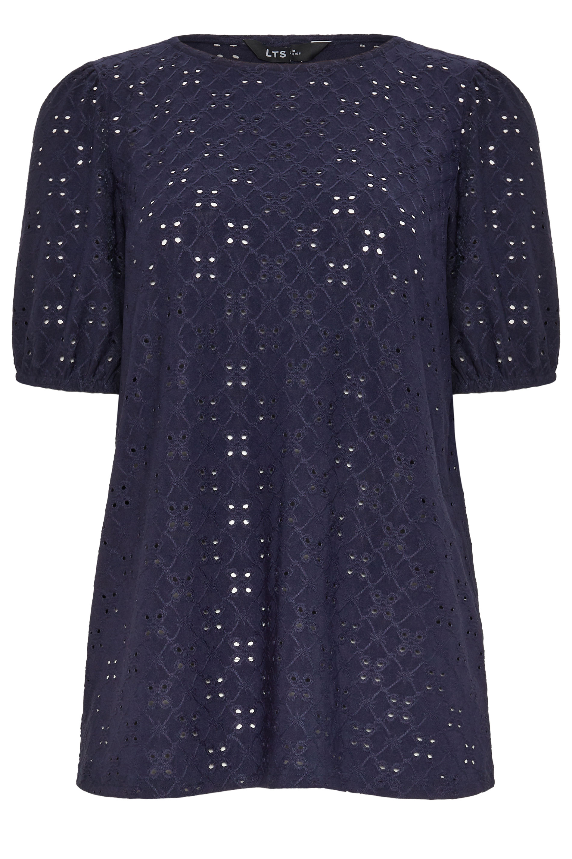LTS Tall Women's Navy Blue Broderie Anglaise Puff Sleeve Top | Long Tall Sally 5