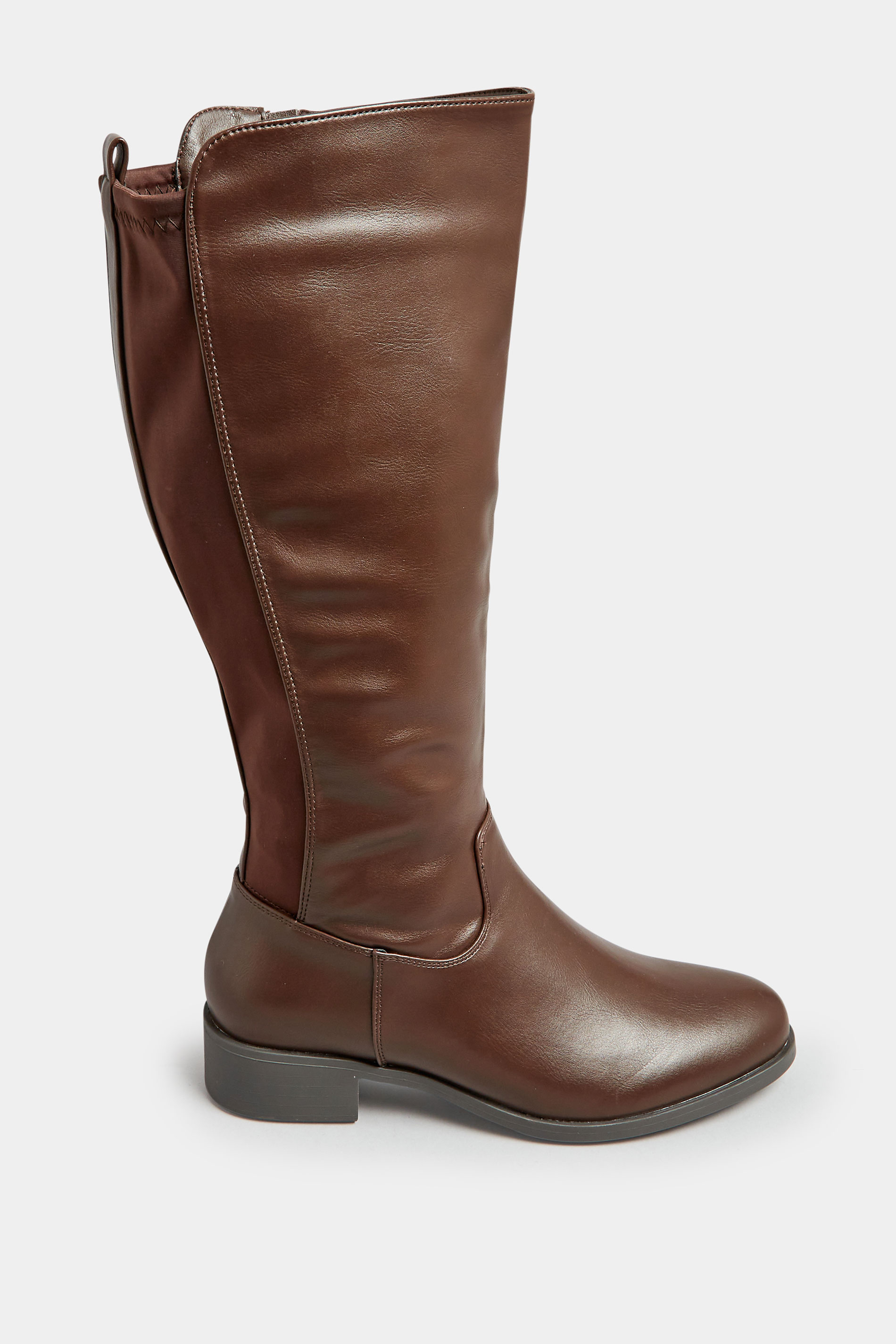 Chocolate Brown PU Stretch Heeled Knee High Boots In Wide E Fit & Extra Wide EEE Fit 3