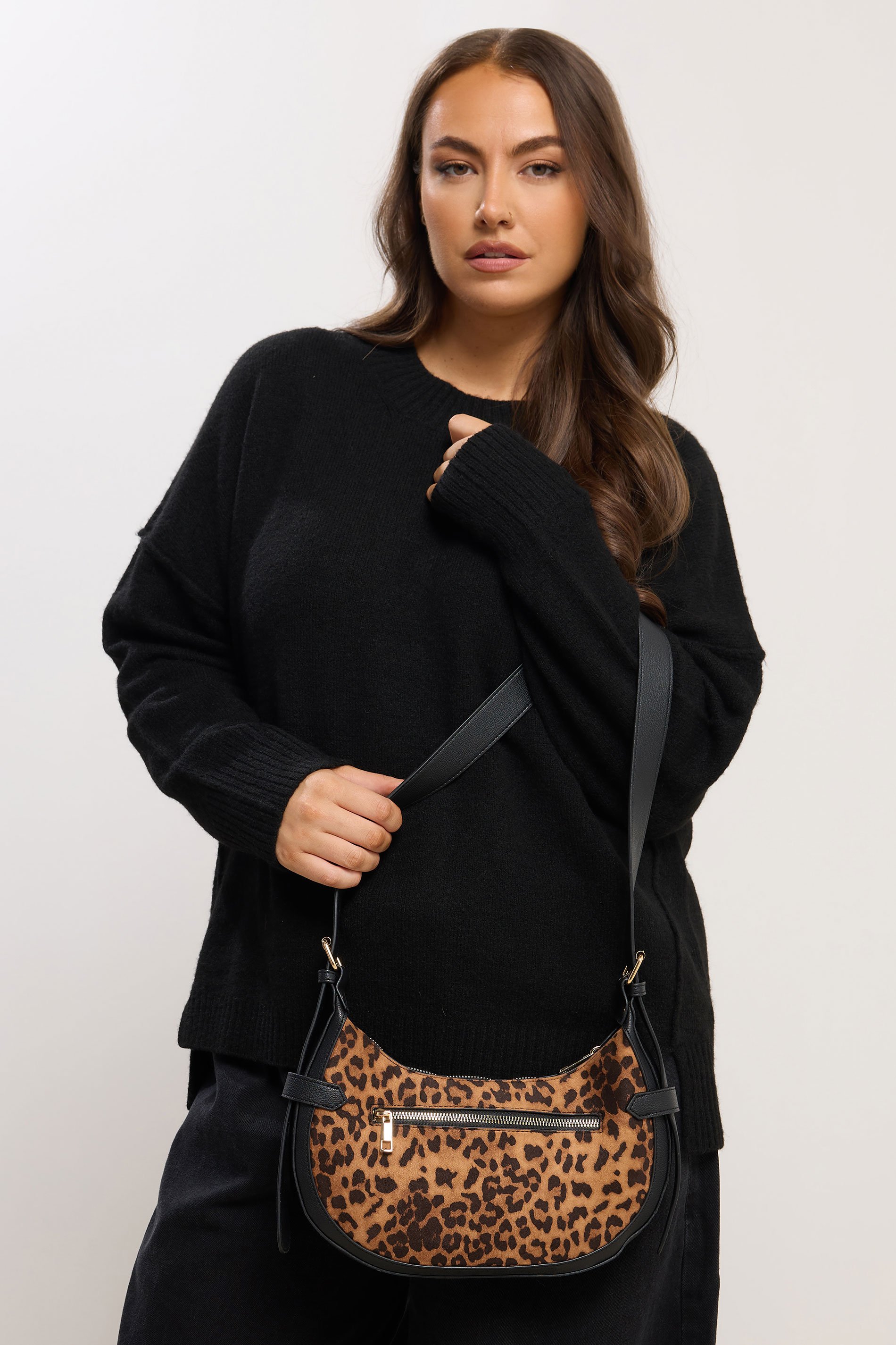 Brown Faux Suede Leopard Buckle Shoulder Bag | Yours Clothing 1