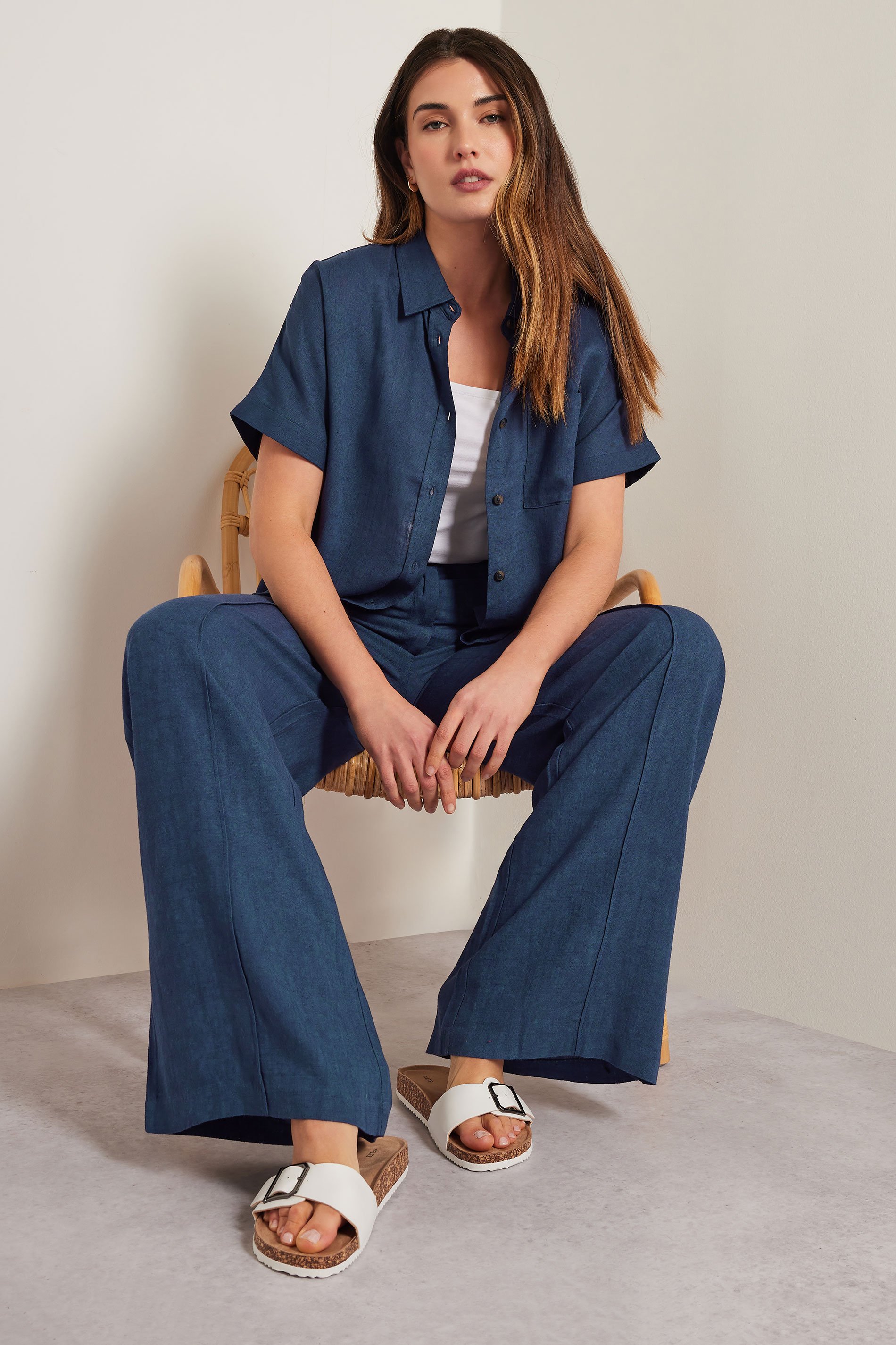 LTS Tall Navy Blue Linen Pleated Wide Leg Trousers | Long Tall Sally 2