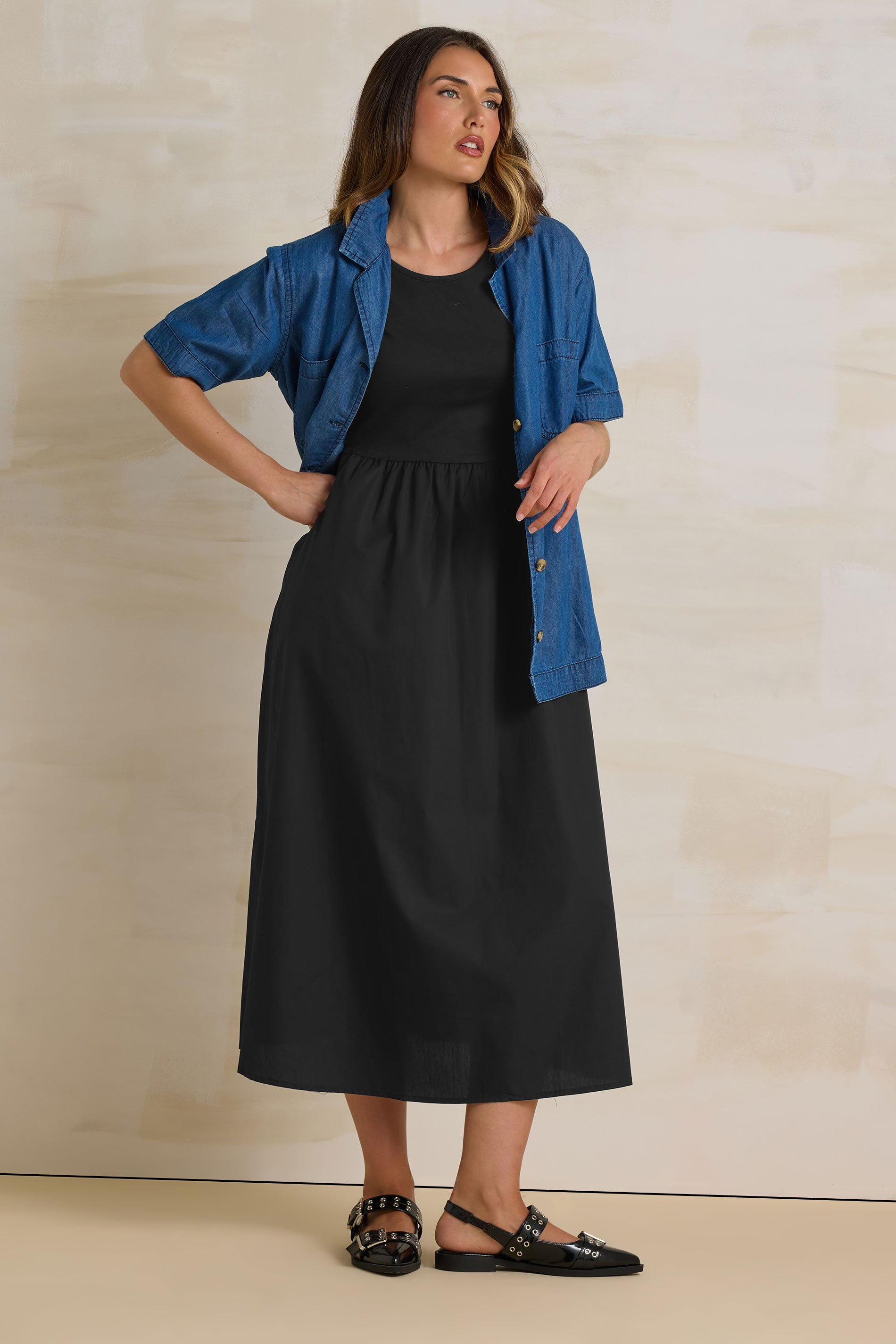 LTS Tall Black Jersey & Woven Mix Fabric Midi Dress | Long Tall Sally 2