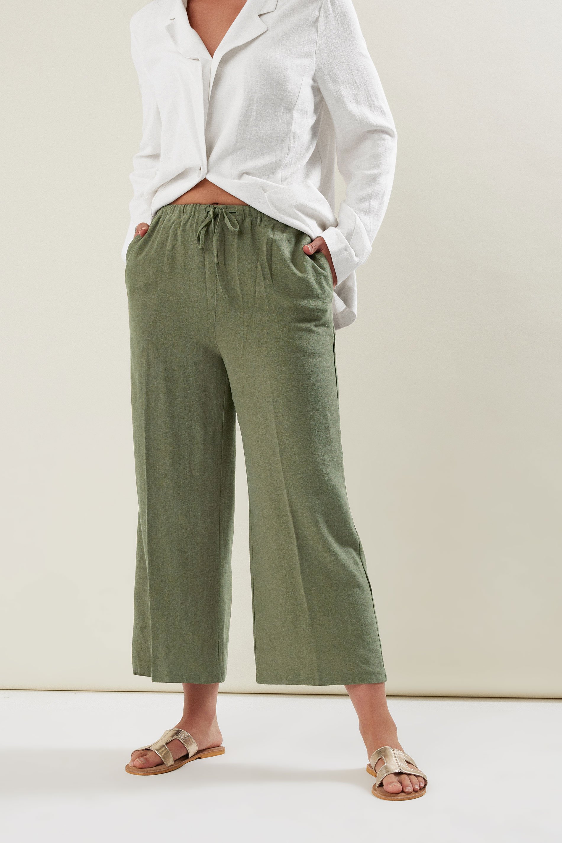 LTS Tall Women's Khaki Green Linen Tie Waist Cropped Trousers | Long Tall Sally  2