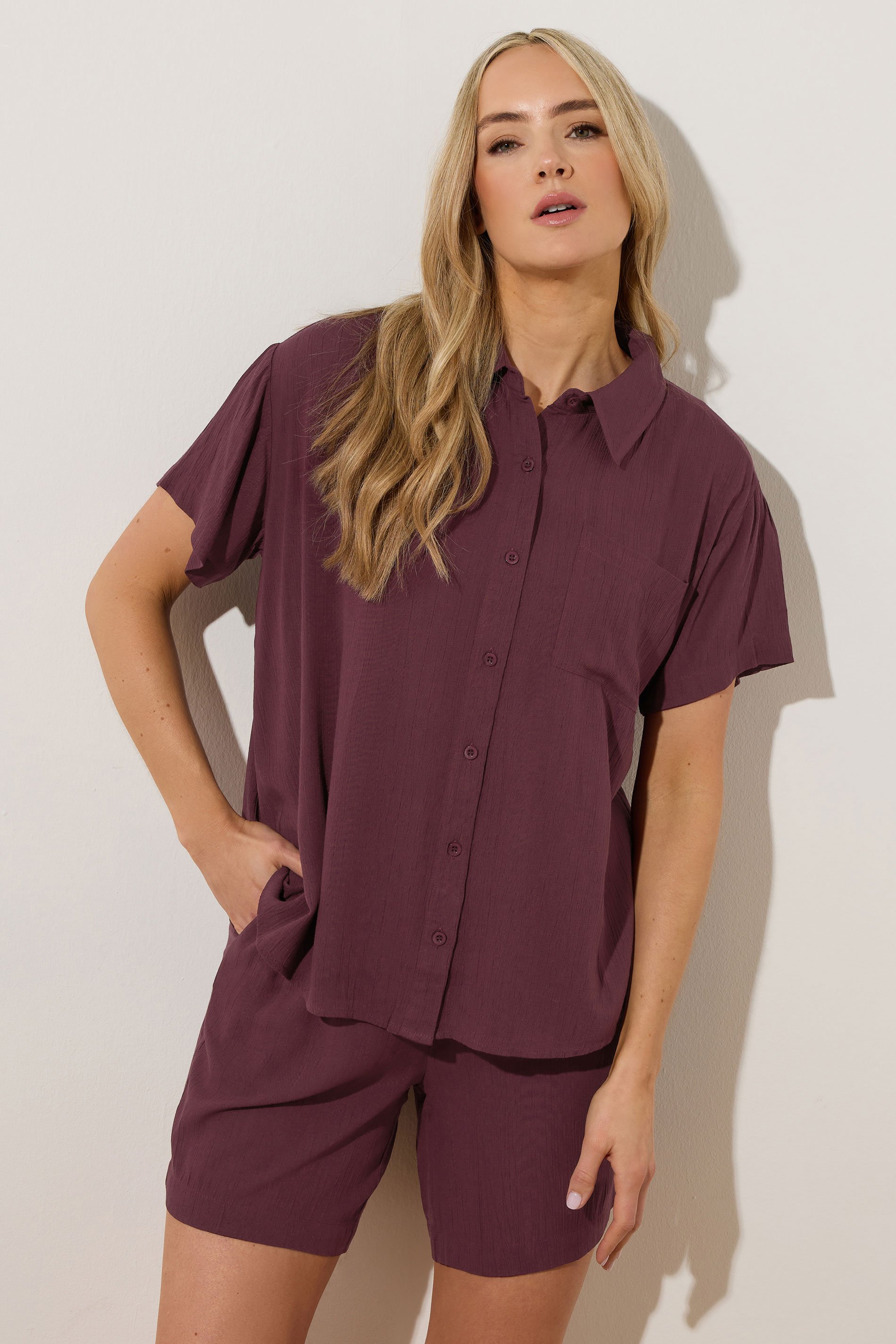LTS Tall Dark Purple Cotton Crinkle Shirt | Long Tall Sally 5