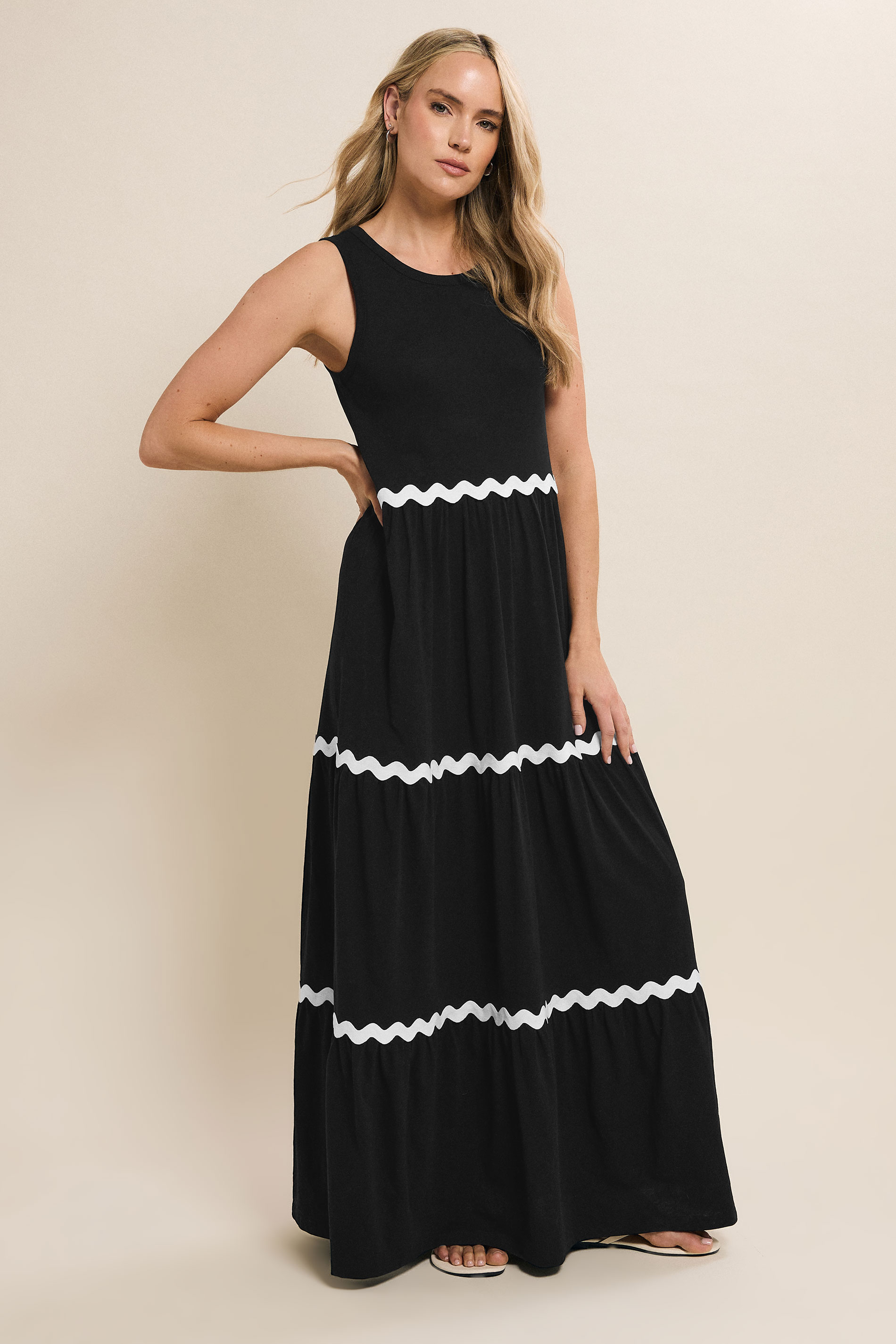 LTS Tall Black Contrast Swirl Tiered Maxi Dress | Long Tall Sally 3