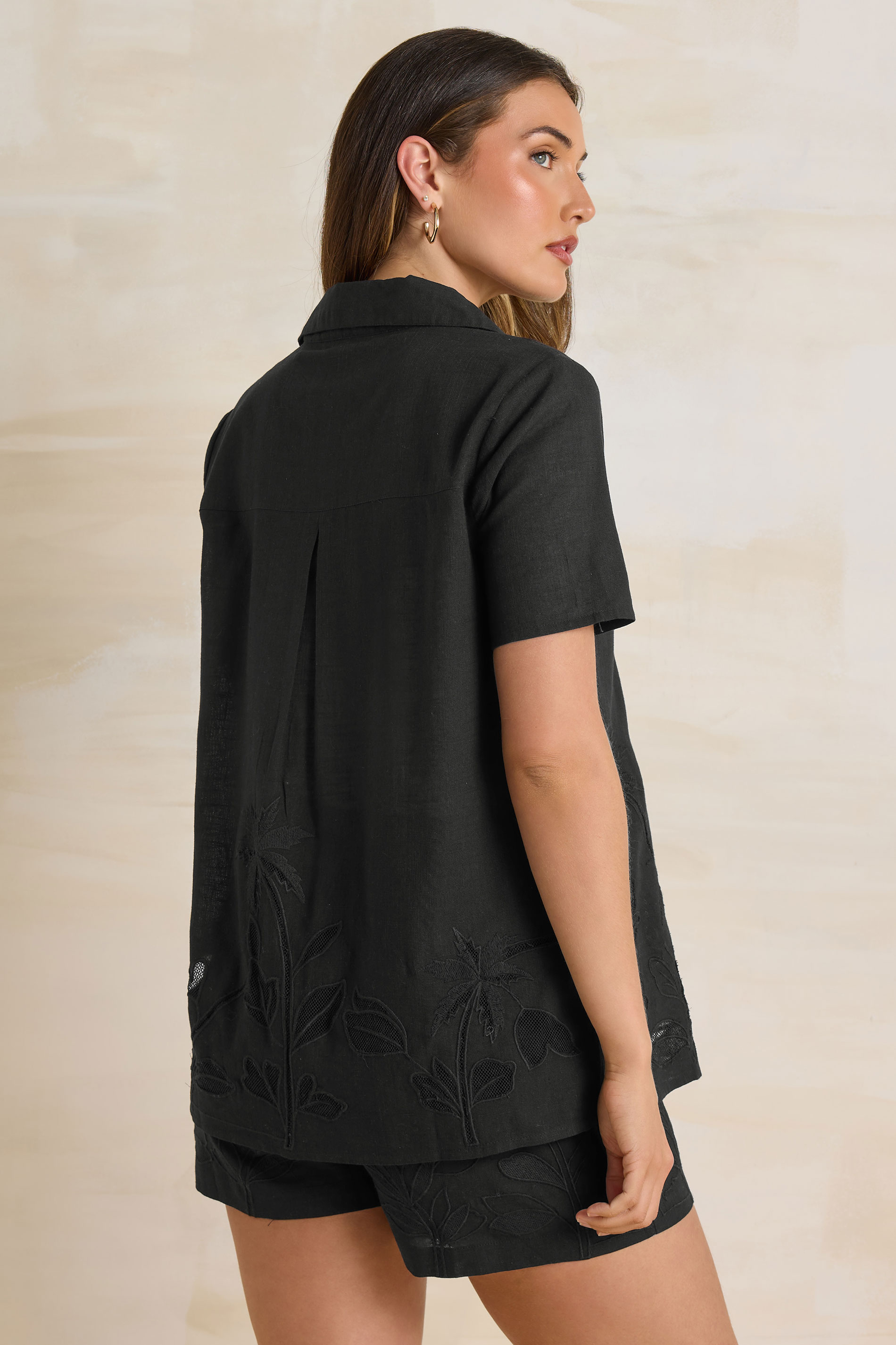 LTS Tall Black Cotton Embroidered Hemline Shirt | Long Tall Sally 4