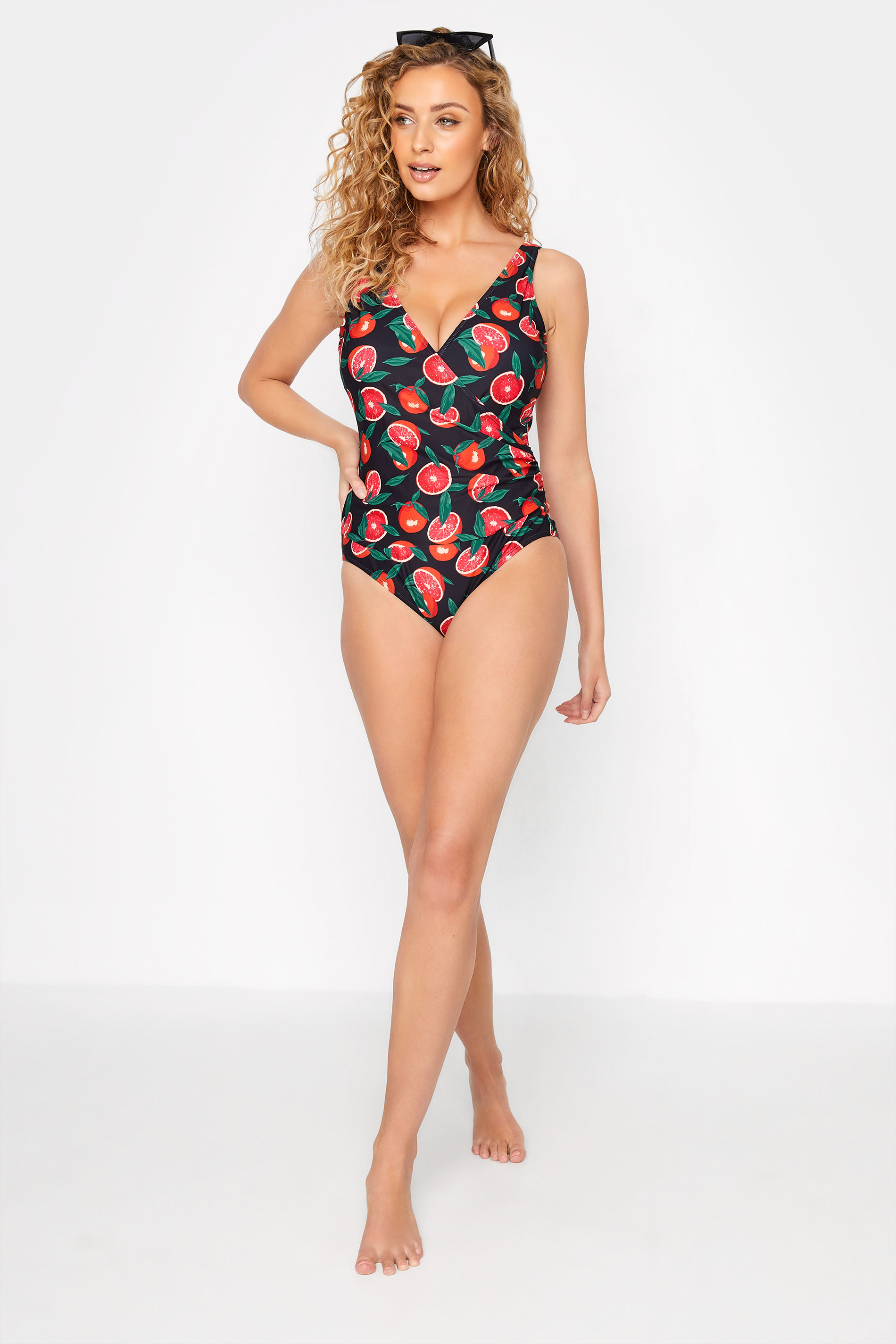 LTS Tall Women's Black Tropical Fruit Print Wrap Front Swimsuit | Long Tall Sally 2