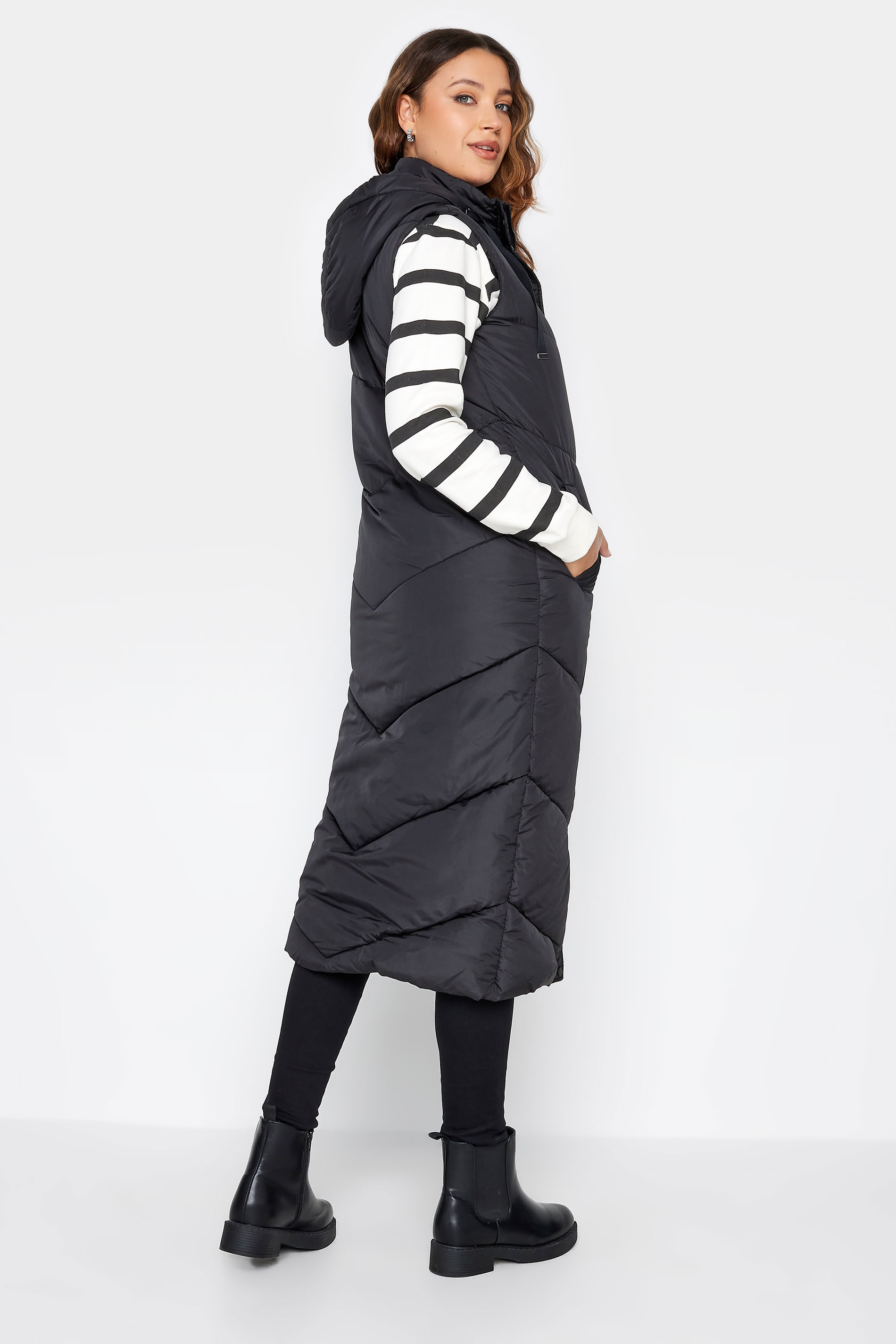 LTS Tall Black Quilted Longline Hooded Gilet | Long Tall Sally 3
