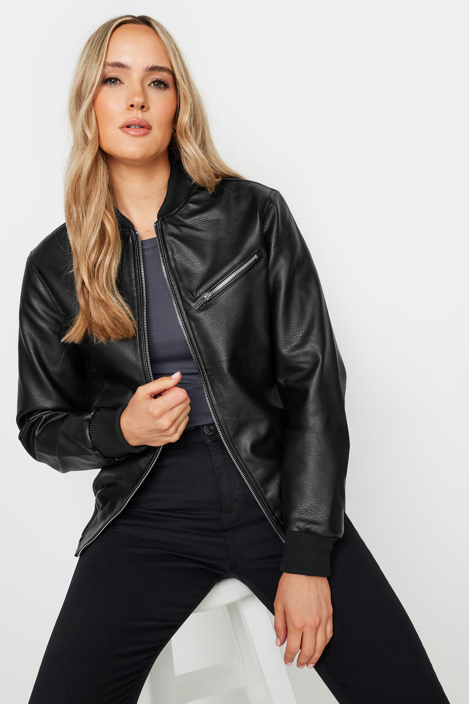 LTS Tall Black Pu Leather Bomber Jacket | Long Tall Sally