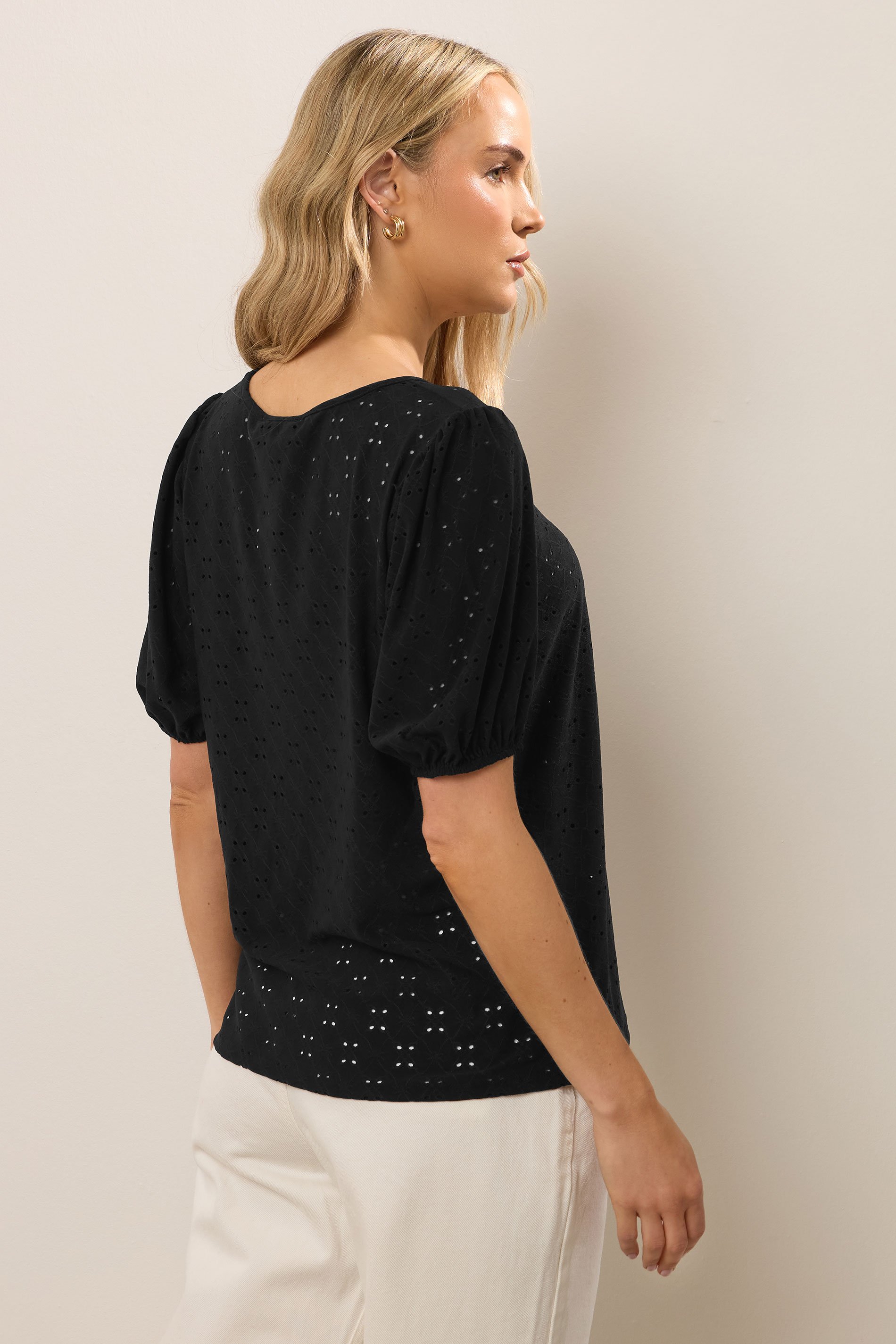 LTS Tall Black Broderie Puff Sleeve Top | Long Tall Sally 3