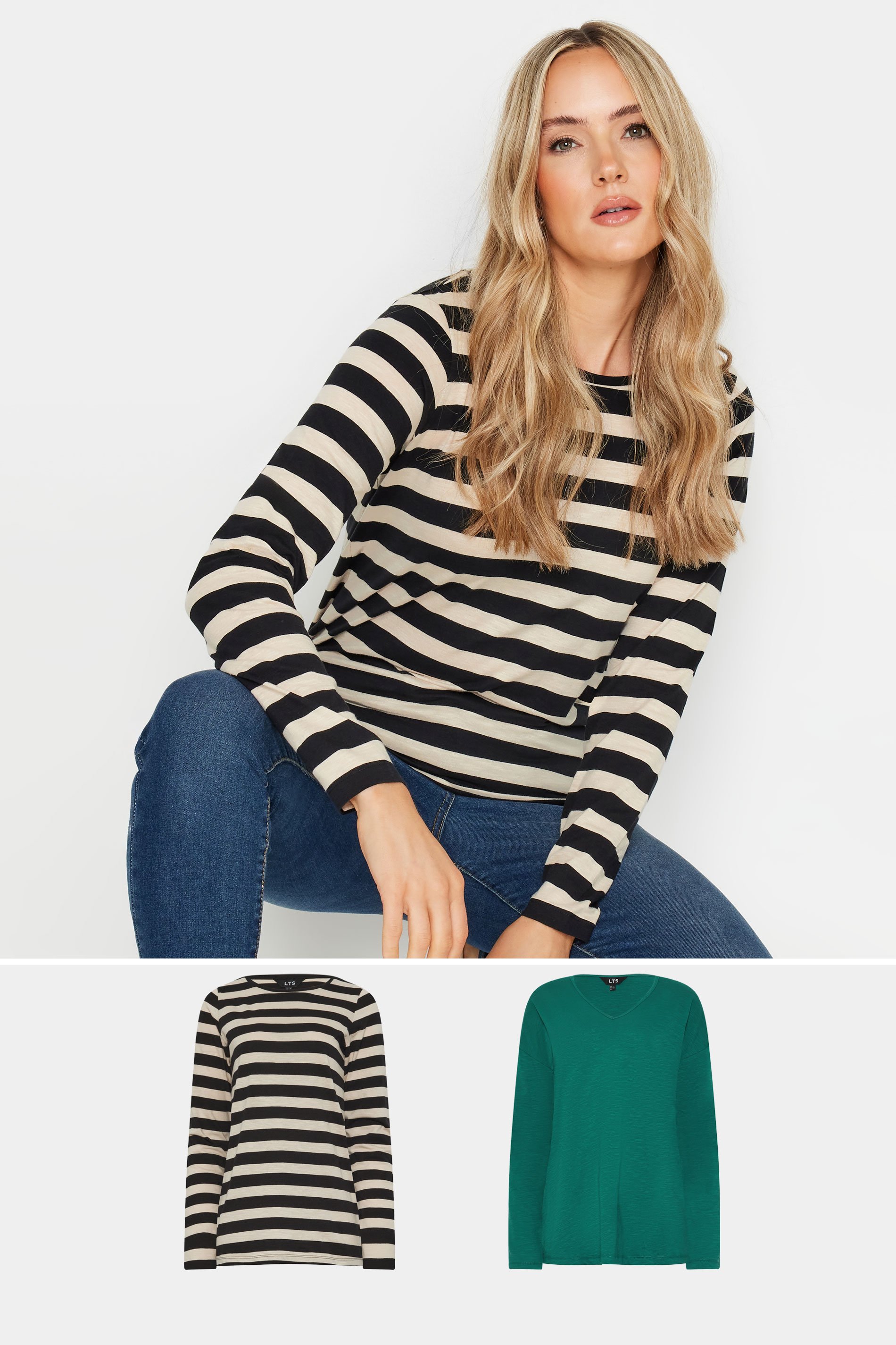 LTS Tall 2 PACK Black & Green Stripe Long Sleeve T-shirt