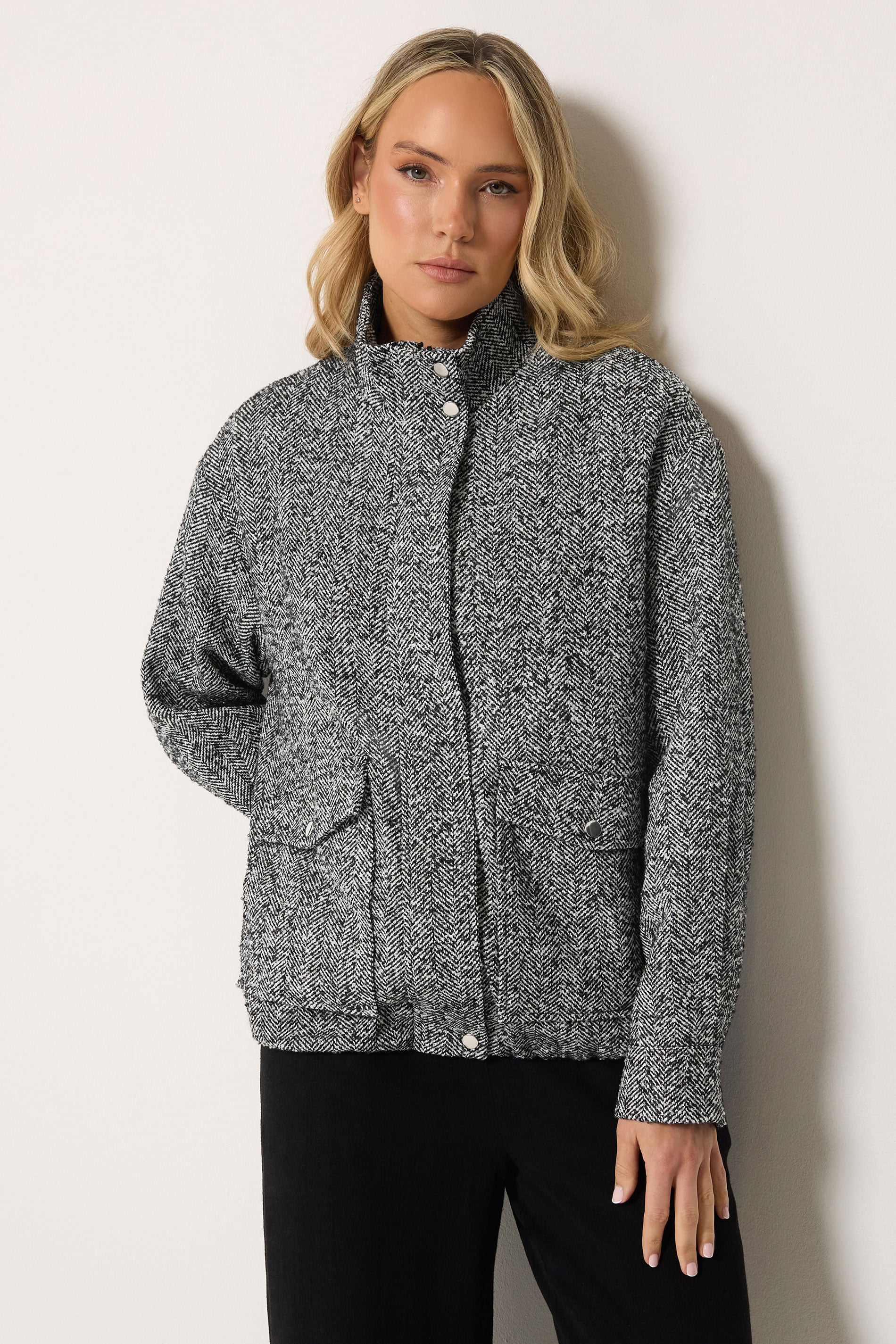 LTS Tall Women's Black Herringbone Funnel Neck Jacket | Long Tall Sally 3